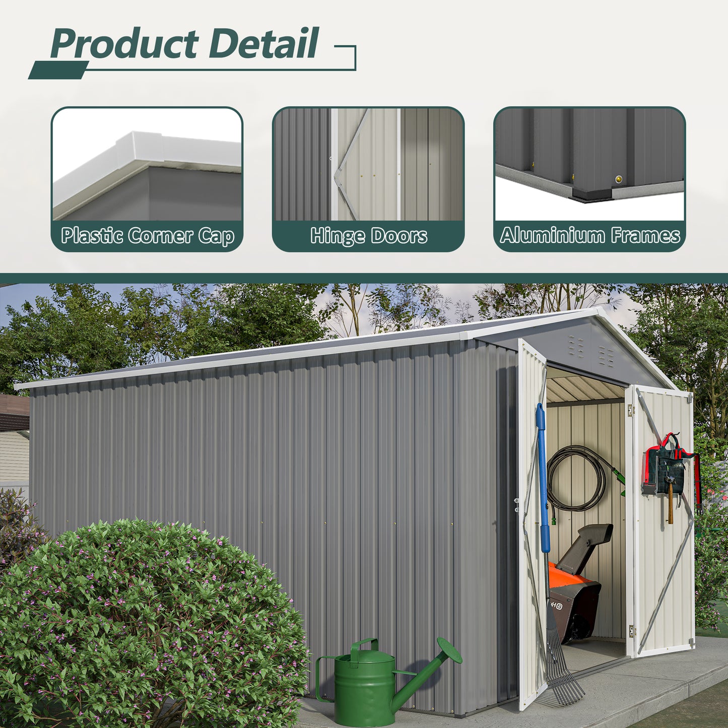 Gray metal garden shed with open double doors showcasing tools like a snowblower and rake