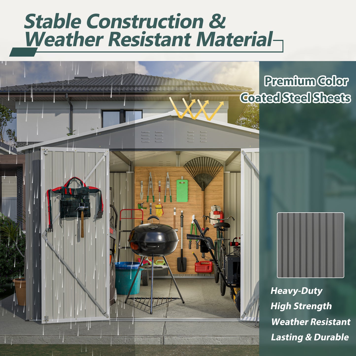 Gray heavyduty outdoor storage shed with weatherresistant steel sheets front open doors and tools inside