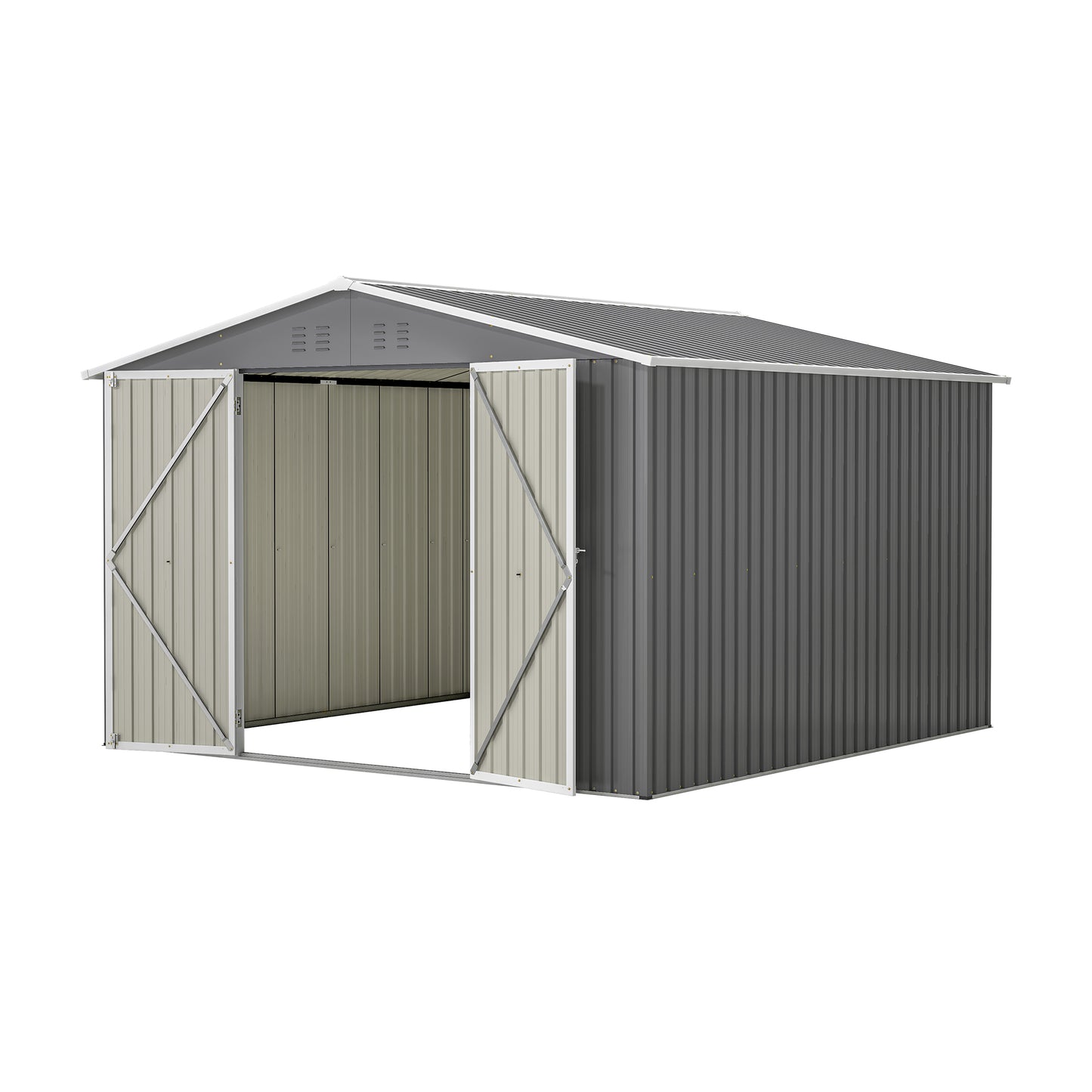 Gray metal storage shed with double doors open ideal for garden tools