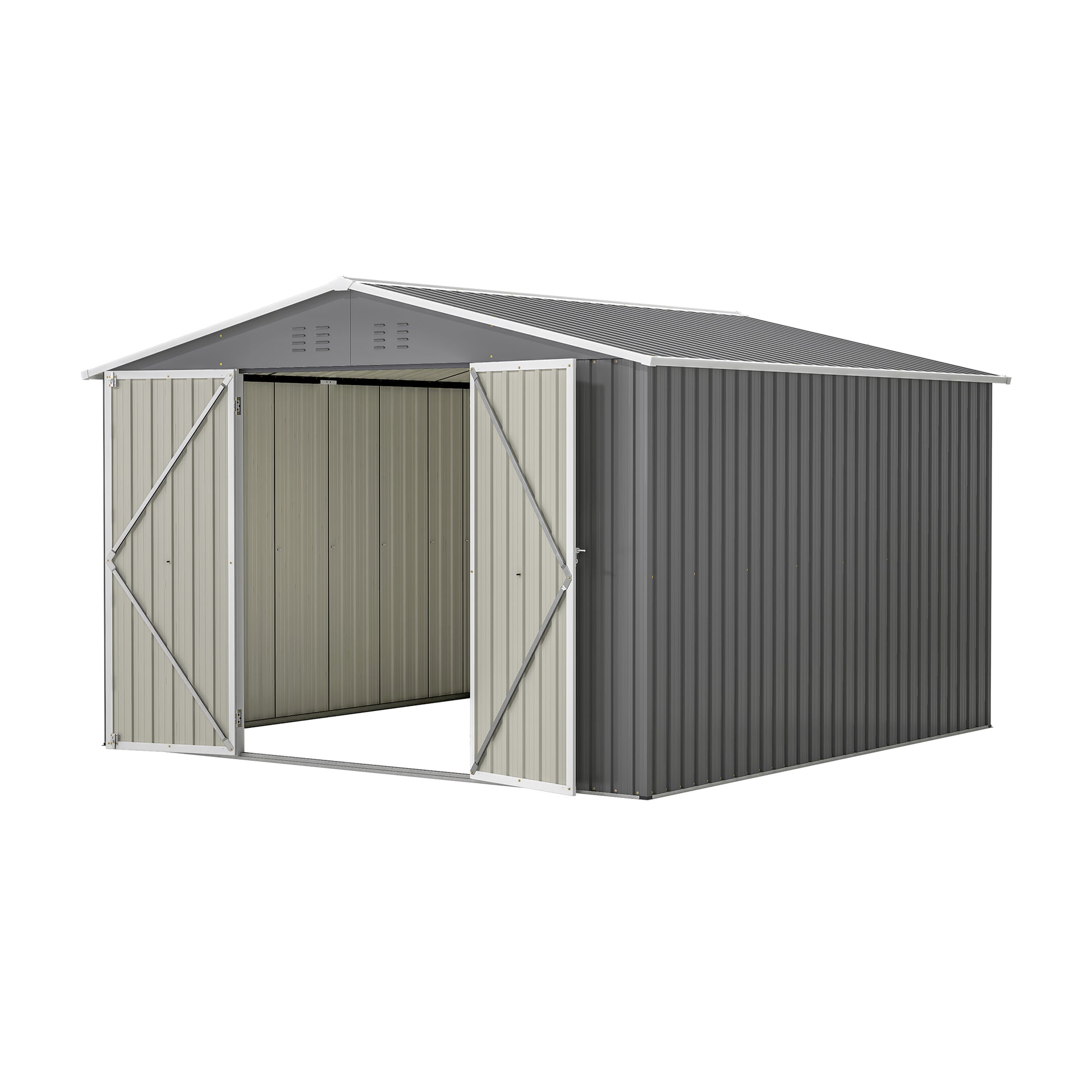 Gray metal storage shed with double doors open ideal for garden tools