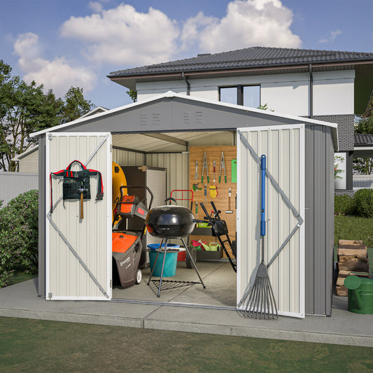 Gray metal garden shed storing lawnmower grill and gardening tools