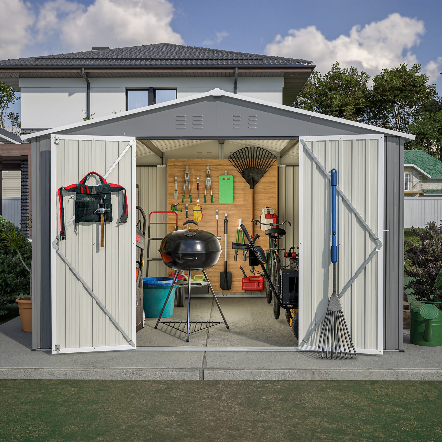 Metal garden shed with gardening tools organized inside