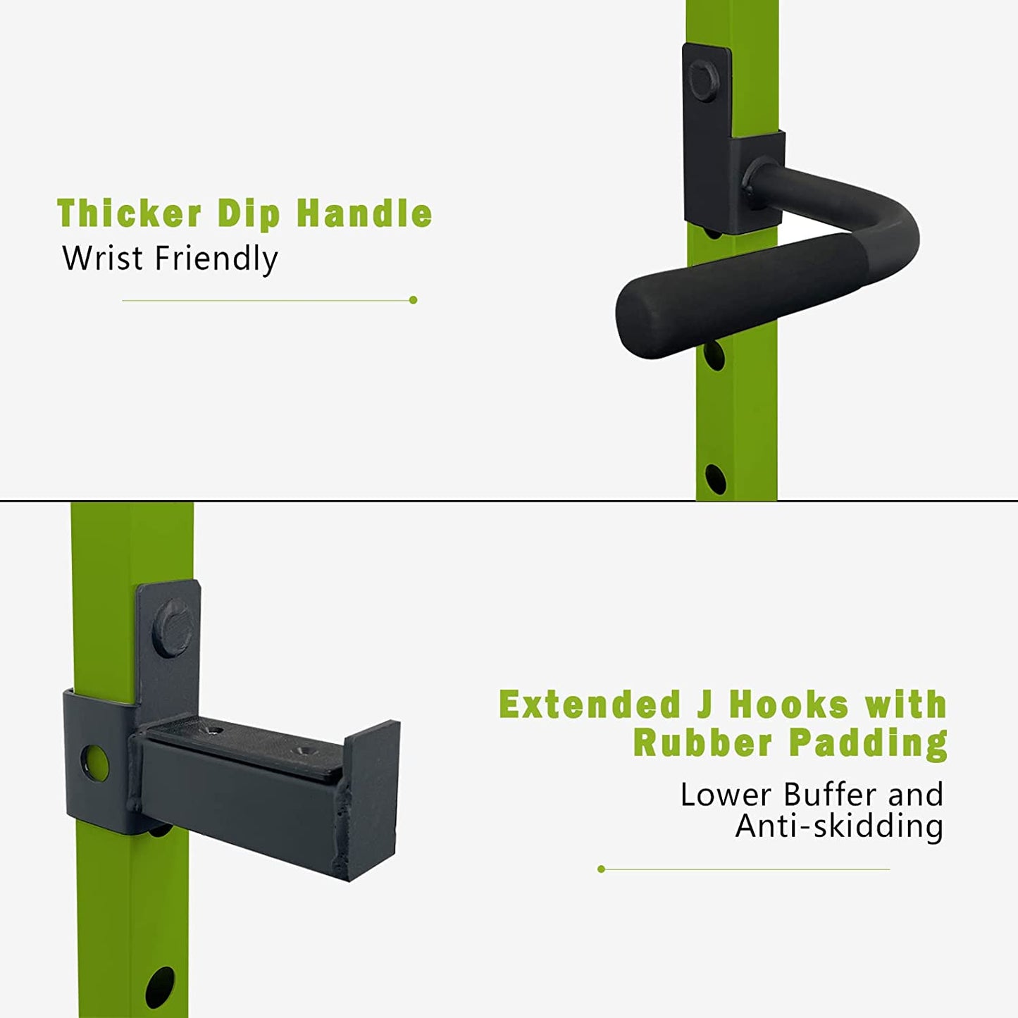 Green power rack with thick wristfriendly dip handle attachment