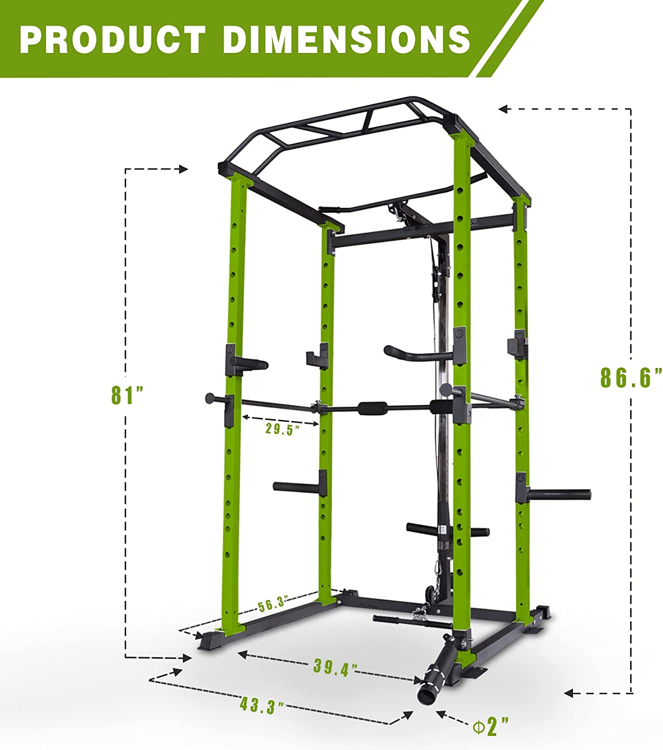 Green power cage gym equipment with detailed dimensions for home fitness setup
