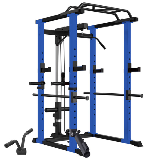 Blue power cage with integrated pullup bar and cable system for home gyms