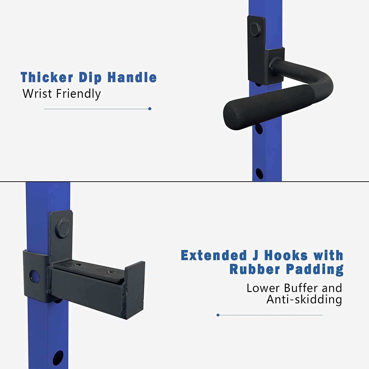 Blue squat rack dip handles with thick black foam grips for wrist support
