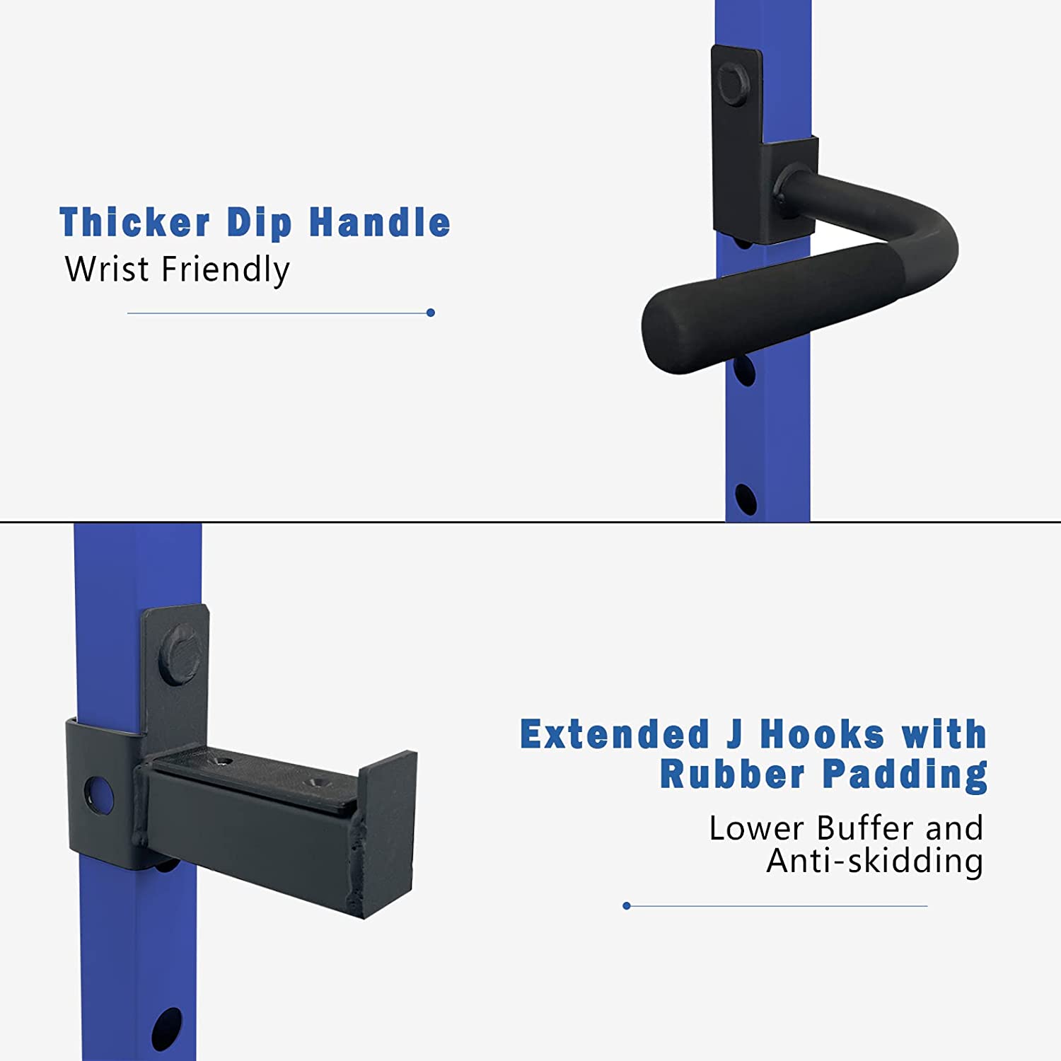 Blue squat rack dip handles with thick black foam grips for wrist support