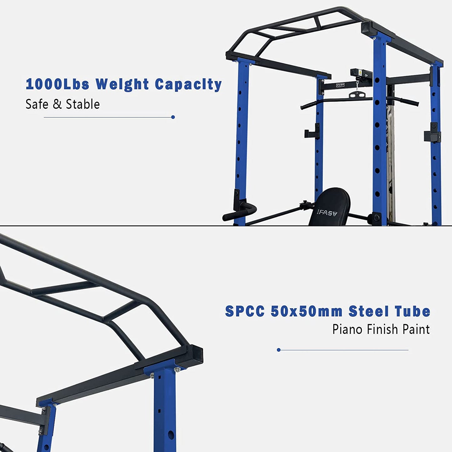 Blue power cage with  lbs weight capacity ideal for home gyms