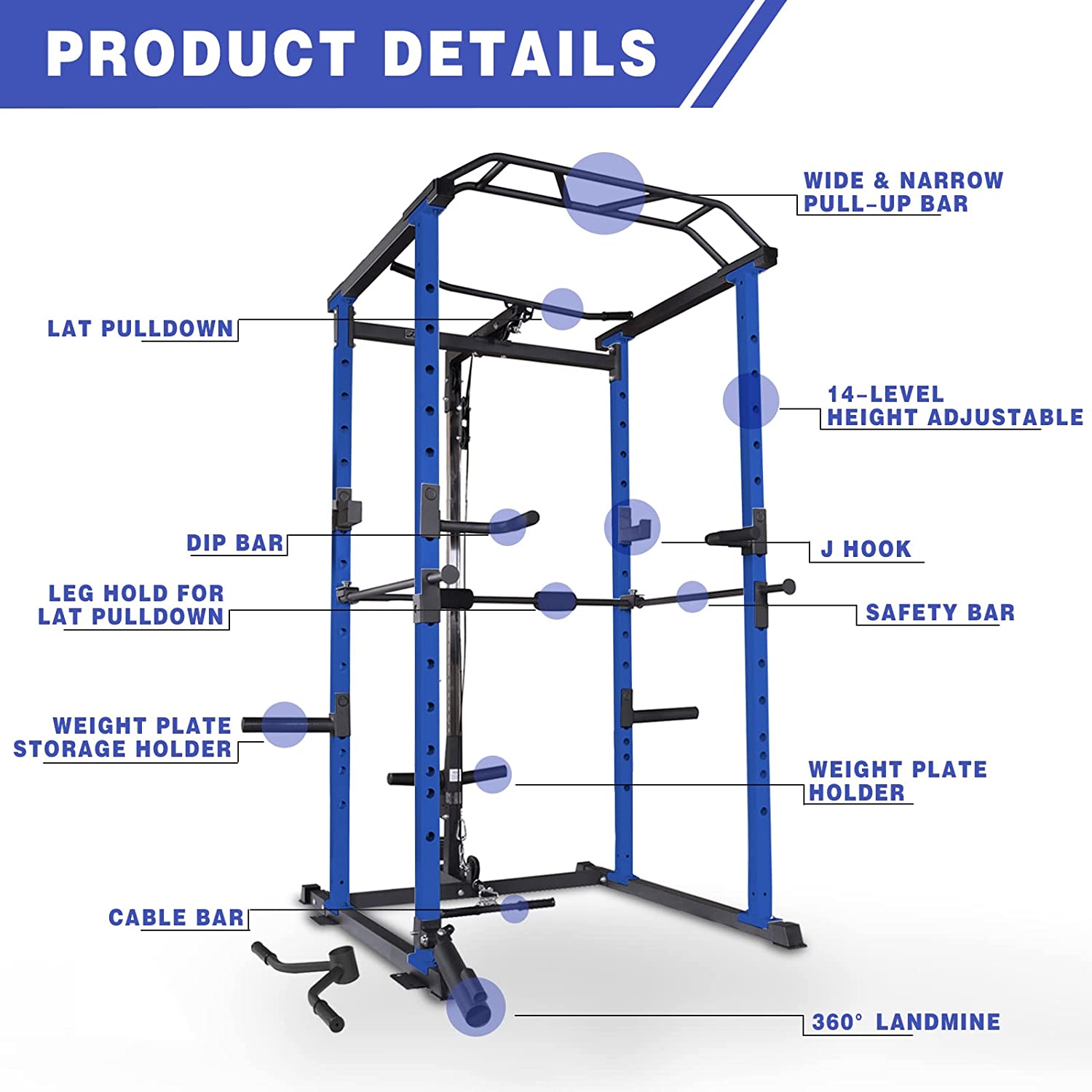 Blue power cage with lat pulldown dip bar and adjustable J hooks for home gym