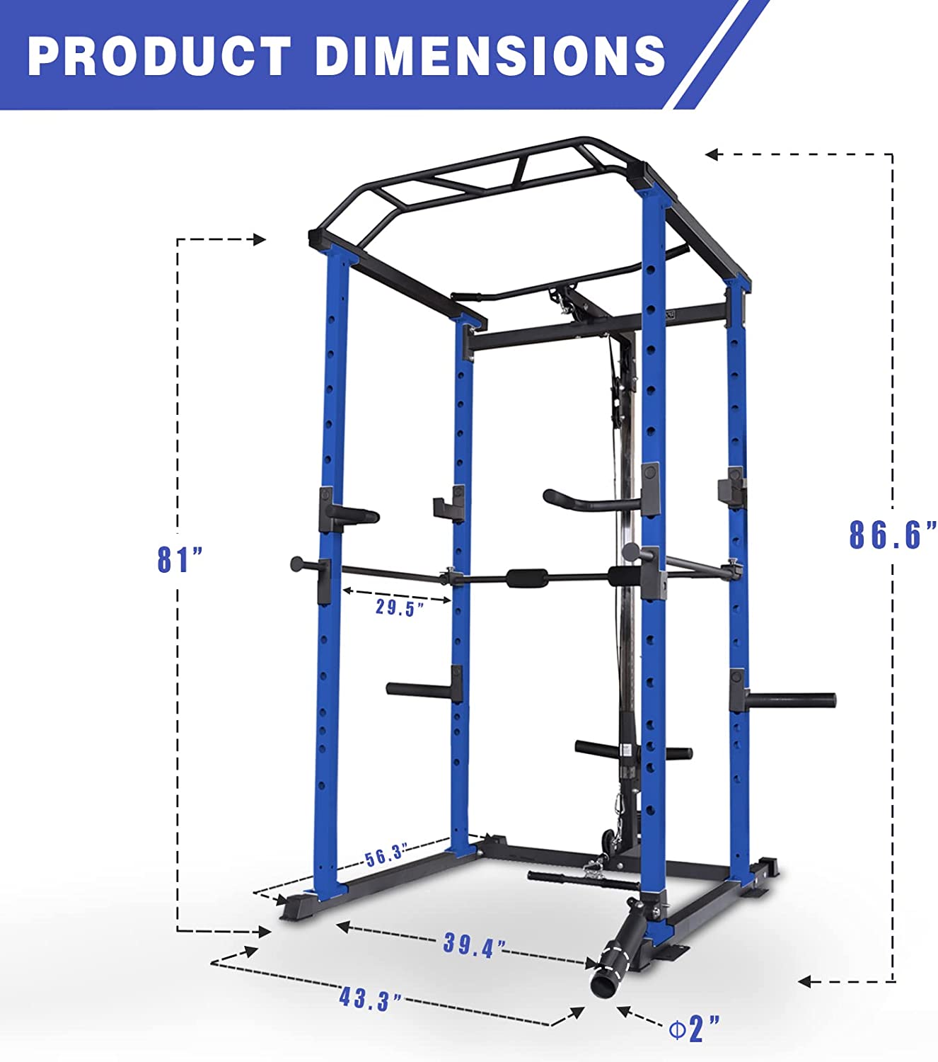 Blue steel power rack with dimensions  H x  W  L  bar length