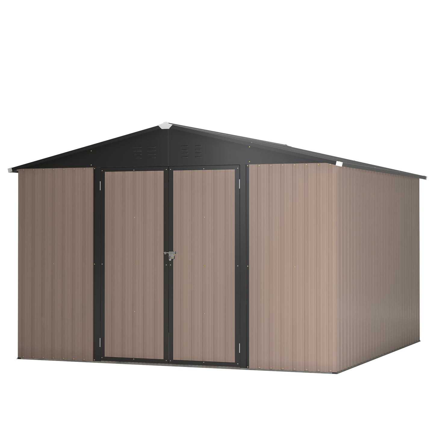 Brown metal garden shed with double doors and black roof for outdoor storage