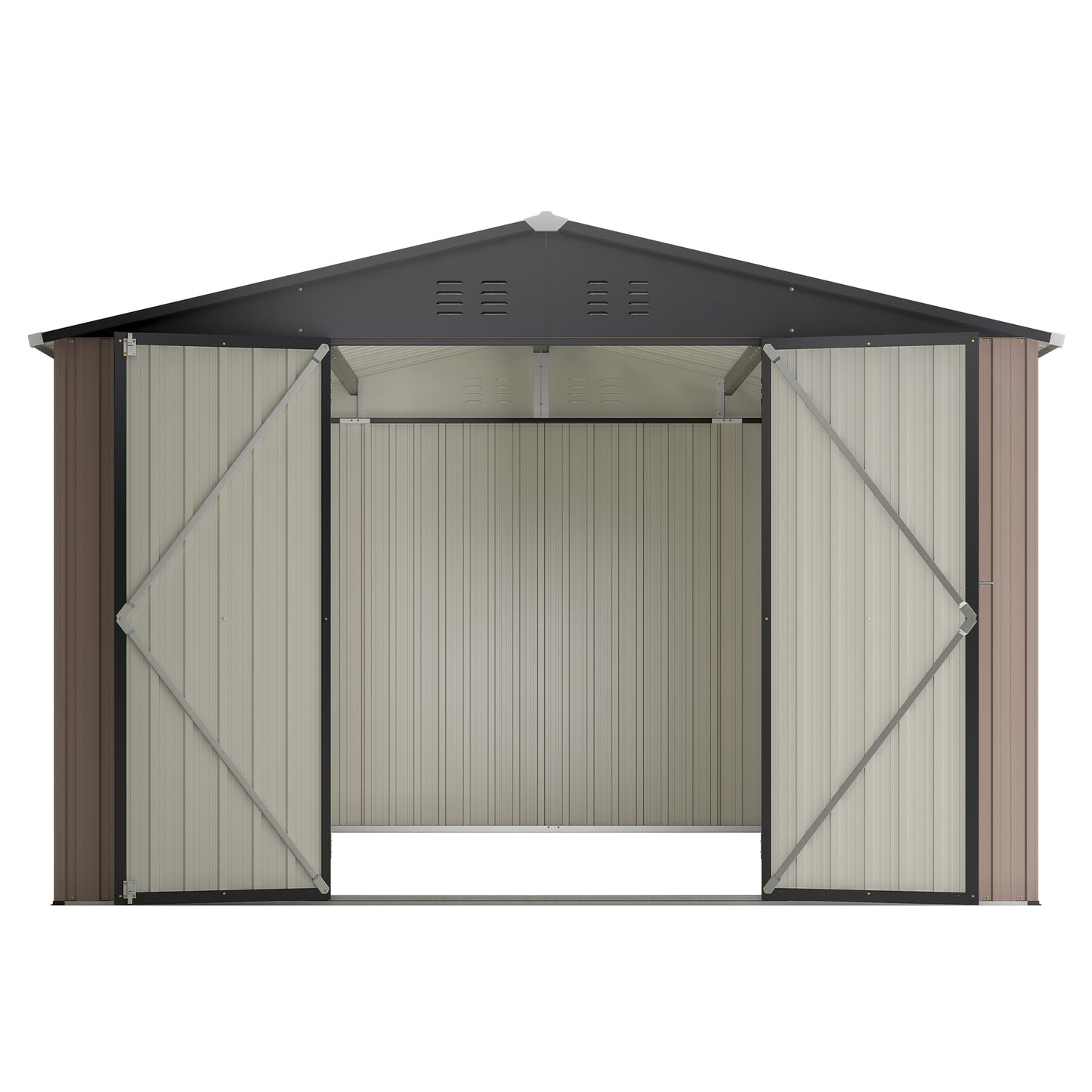 Brown and tan metal garden shed with double doors open providing storage space