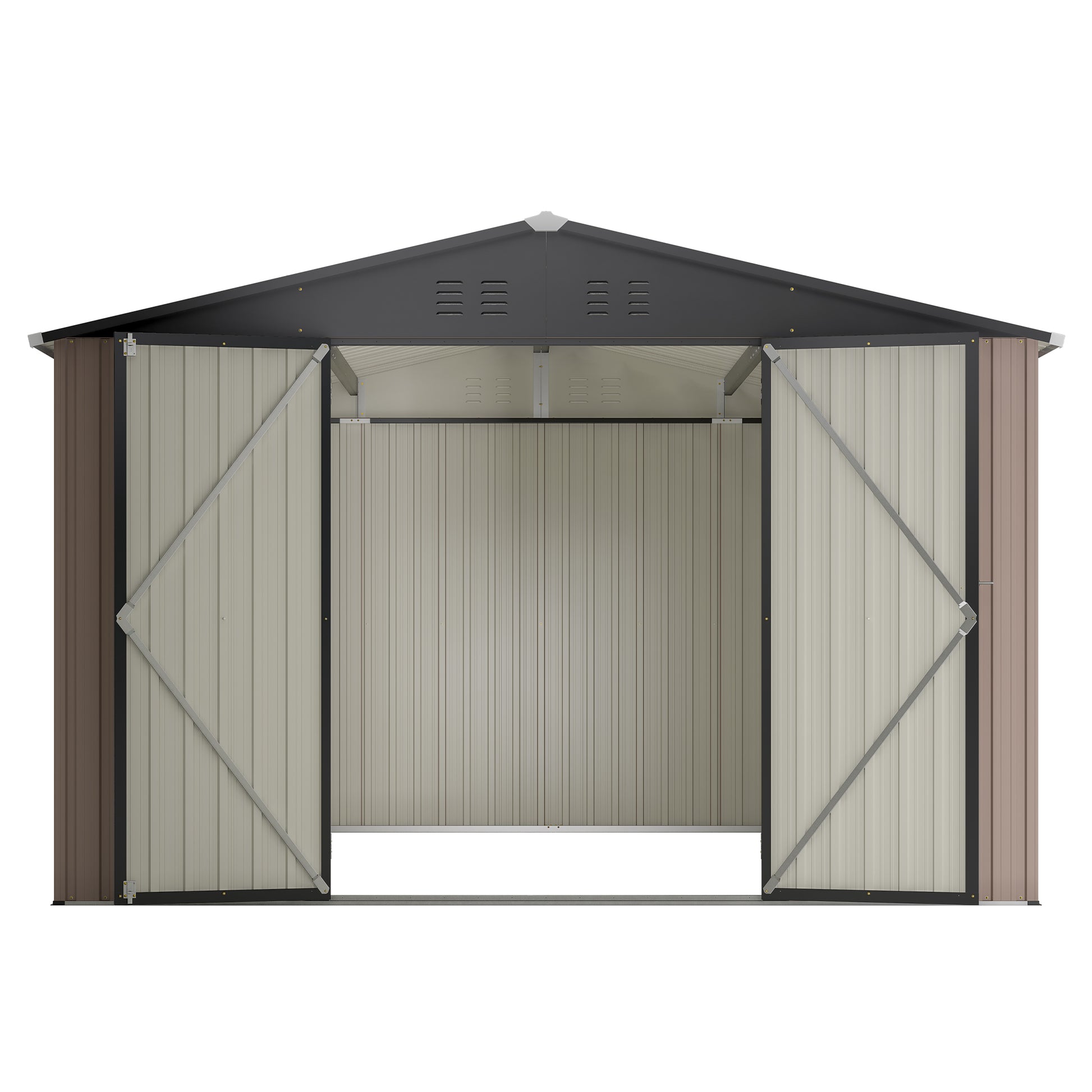 Brown and tan metal garden shed with double doors open providing storage space