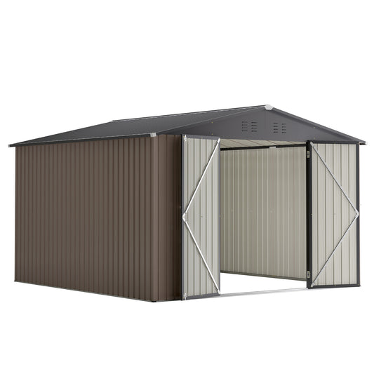 Brown metal storage shed with wide double doors open offering ample outdoor storage space