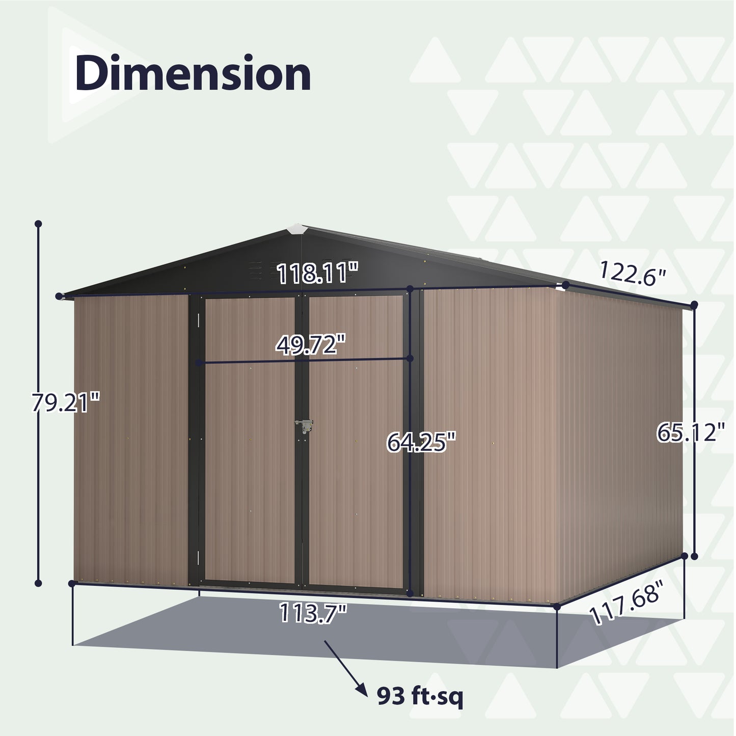 Brown metal outdoor storage shed with double doors and dimension labels