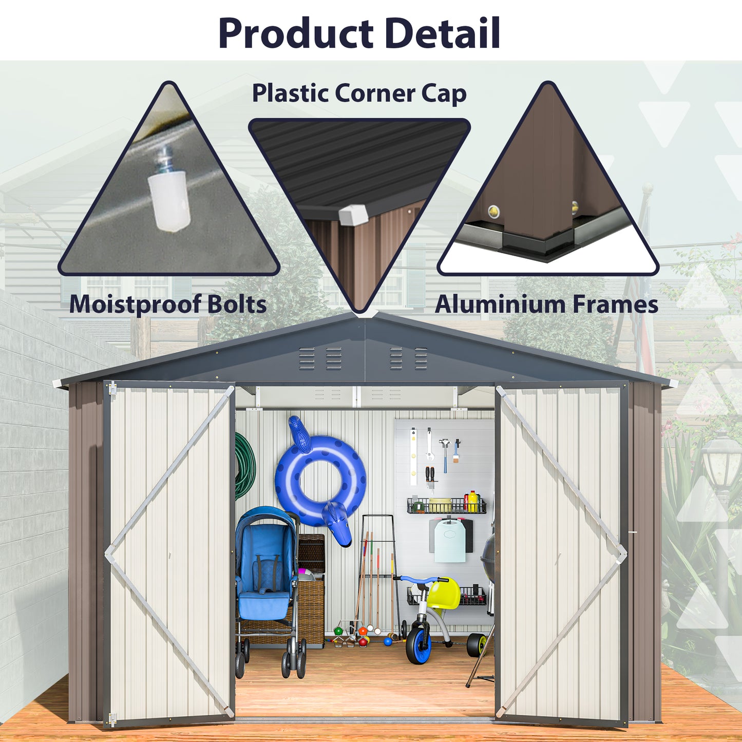 Brown metal garden shed with double doors organized interior Primary keyword garden shed