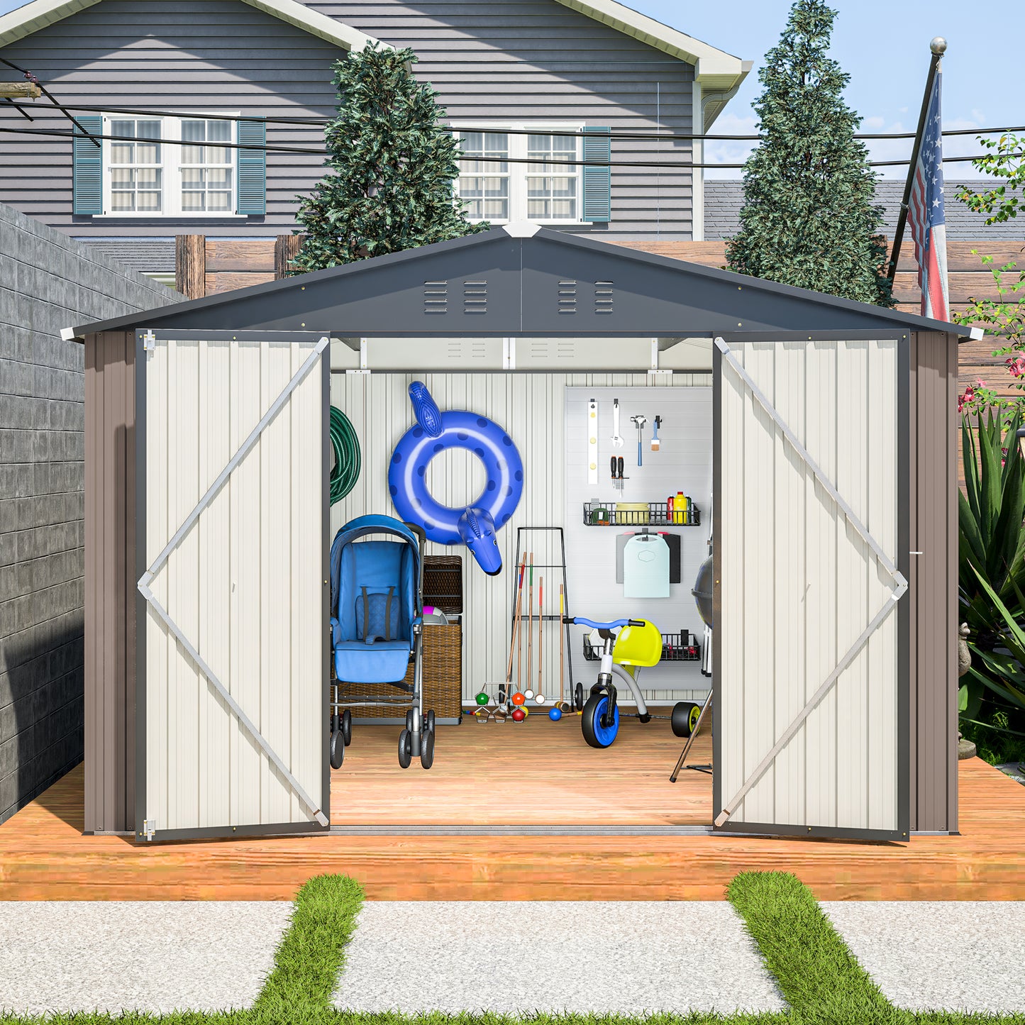Open metal shed with garden tools blue stroller and billiard balls inside