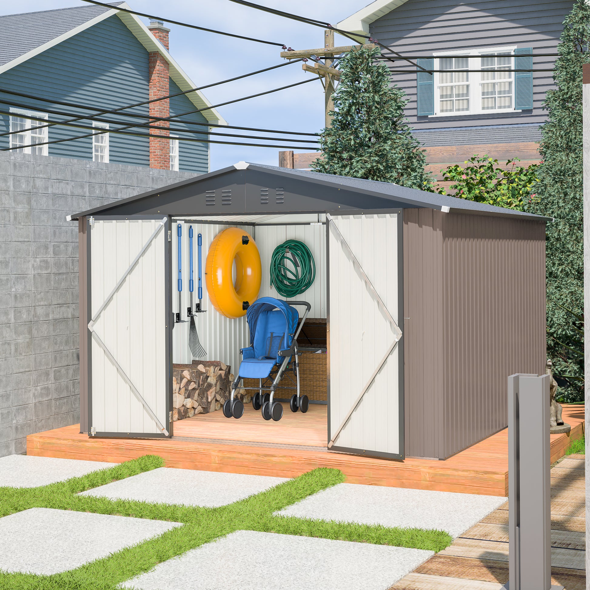 Brown metal garden shed with double doors open storing tools firewood and stroller
