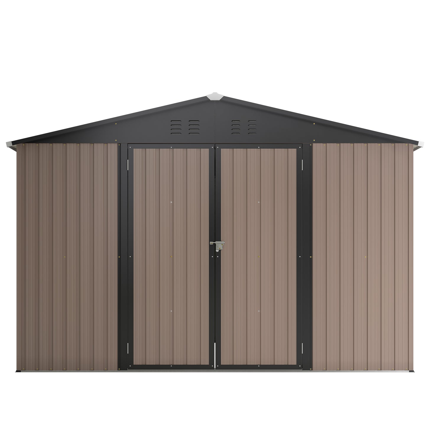Brown metal garden shed with double doors and dark grey roof