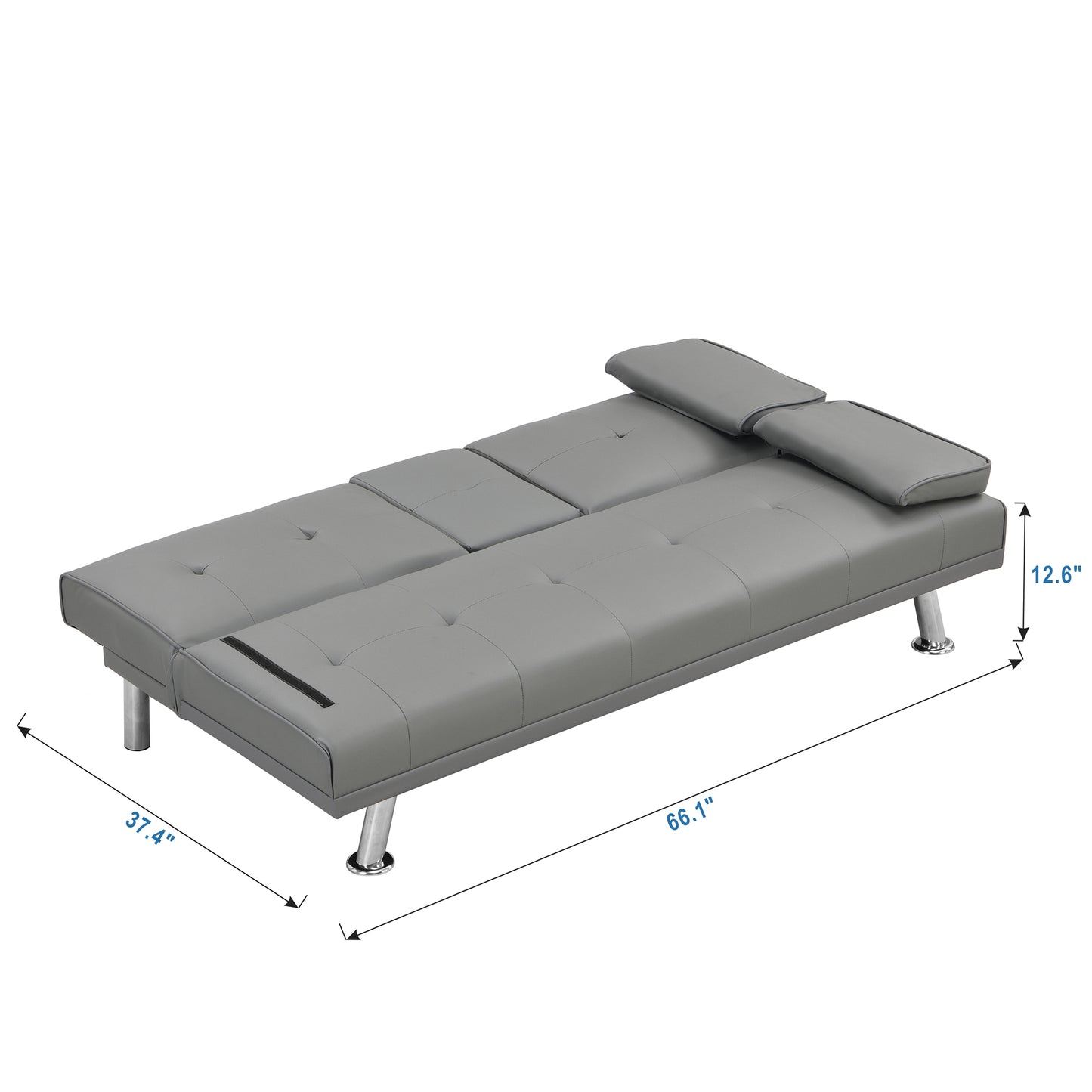 Grey faux leather futon sofa with tufted cushions and chrome legs perfect for small spaces