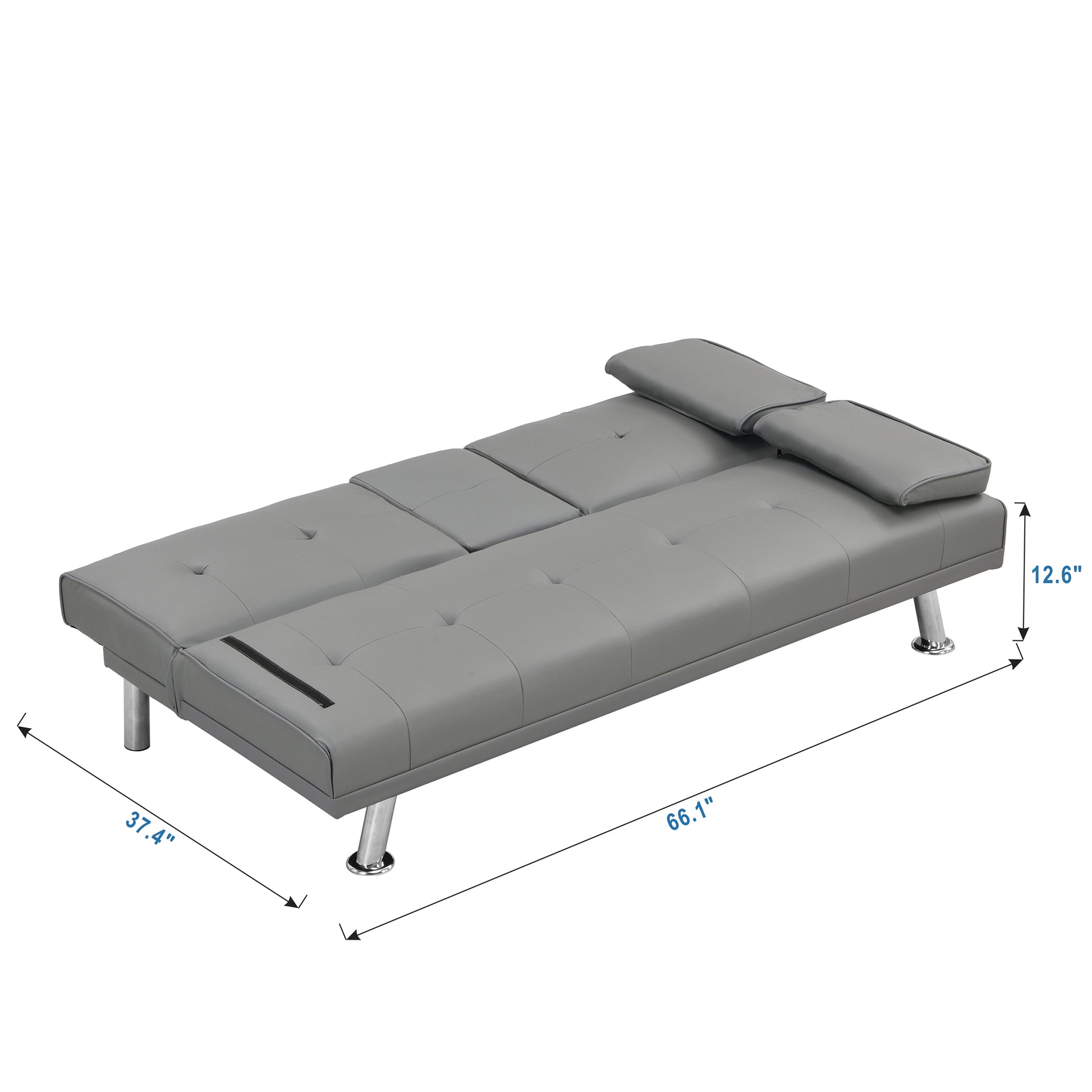 Grey faux leather futon sofa with tufted cushions and chrome legs perfect for small spaces
