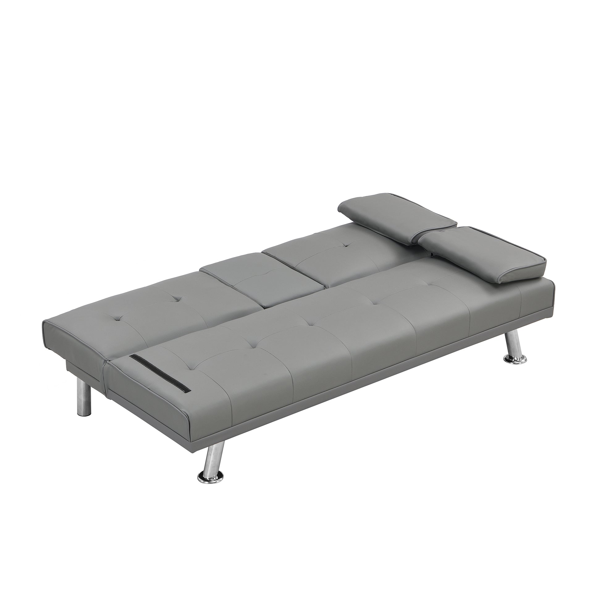 Grey faux leather futon sofa with tufted seat cushions and chrome legs
