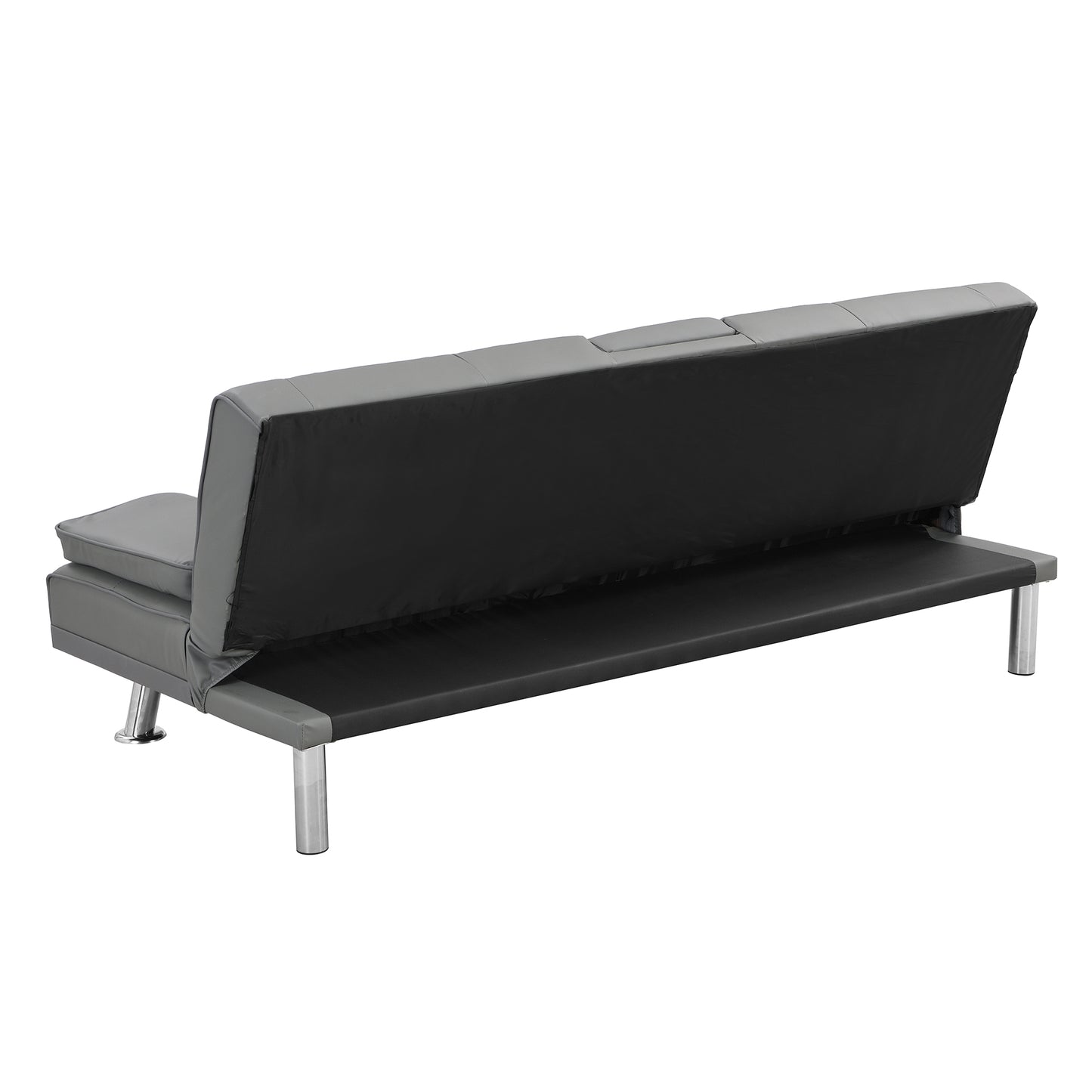 Grey faux leather convertible sofa bed with silver metal legs