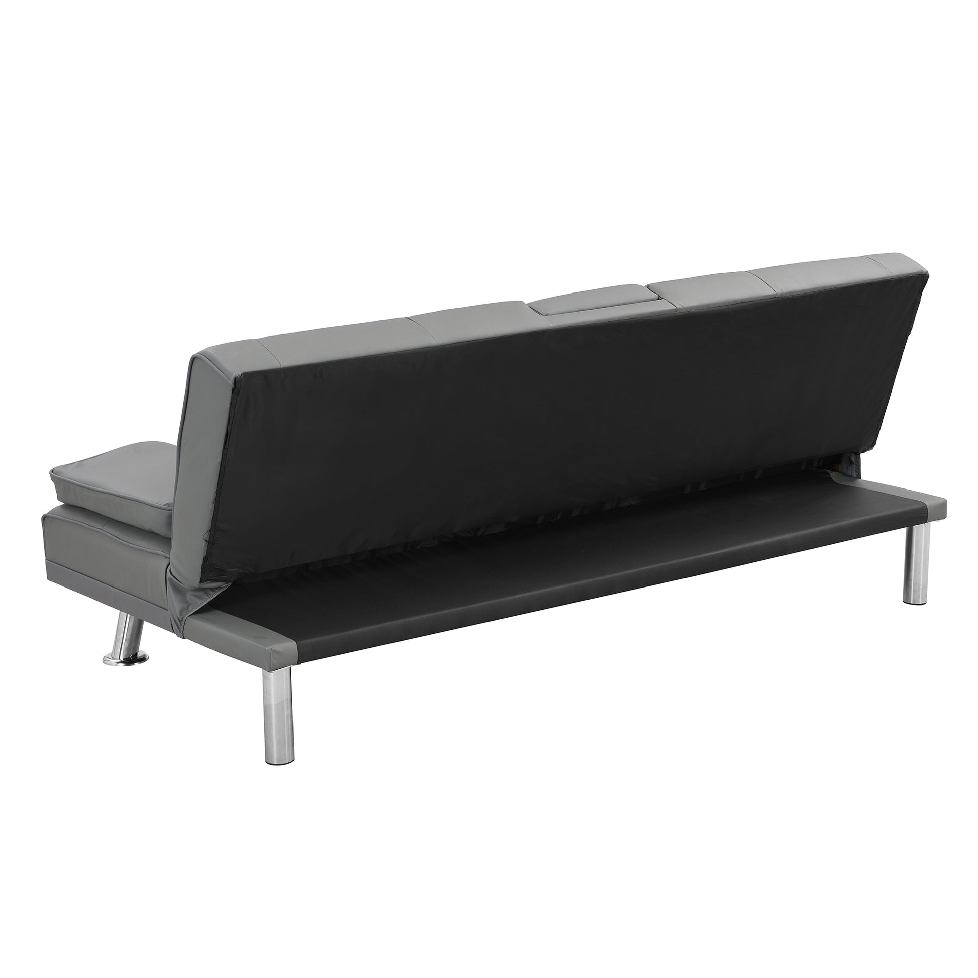 Grey faux leather convertible sofa bed with silver metal legs