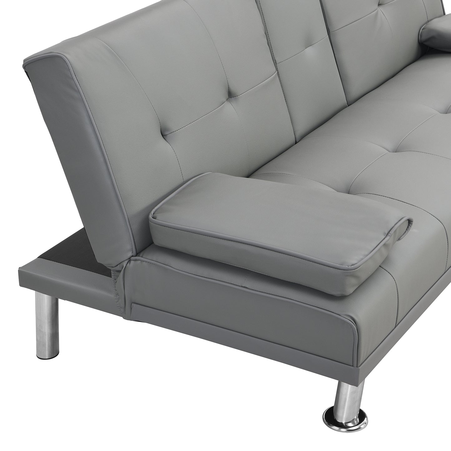 Gray faux leather sofa bed with tufted cushions and silver legs