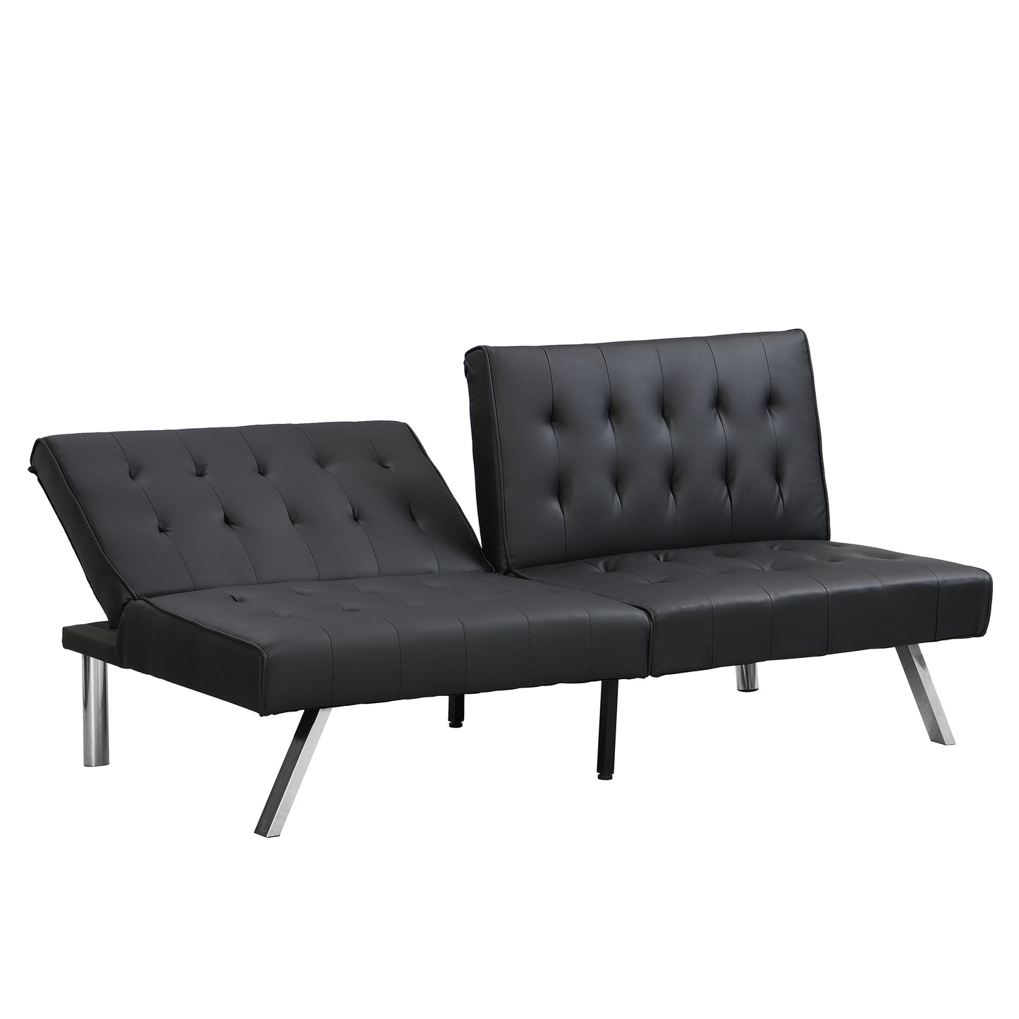 Black tufted faux leather futon sofa with silver metal legs reclined position