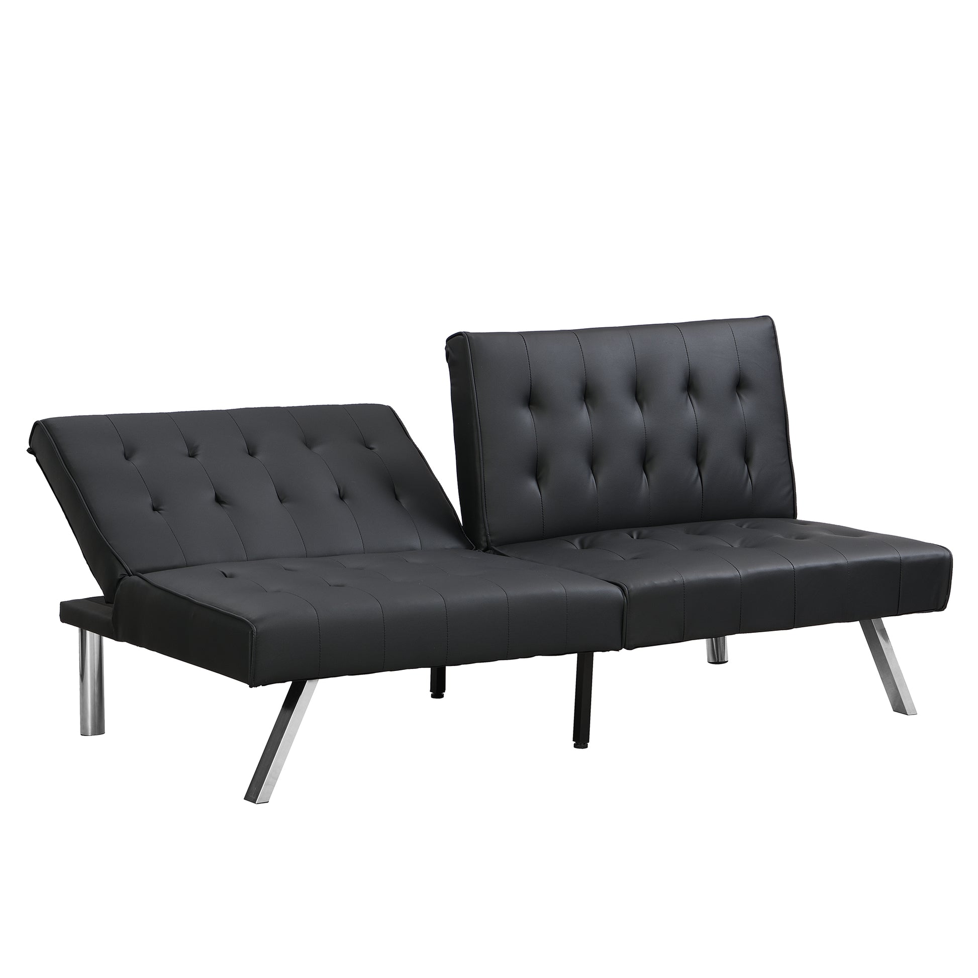 Black tufted faux leather futon sofa with silver metal legs reclined position