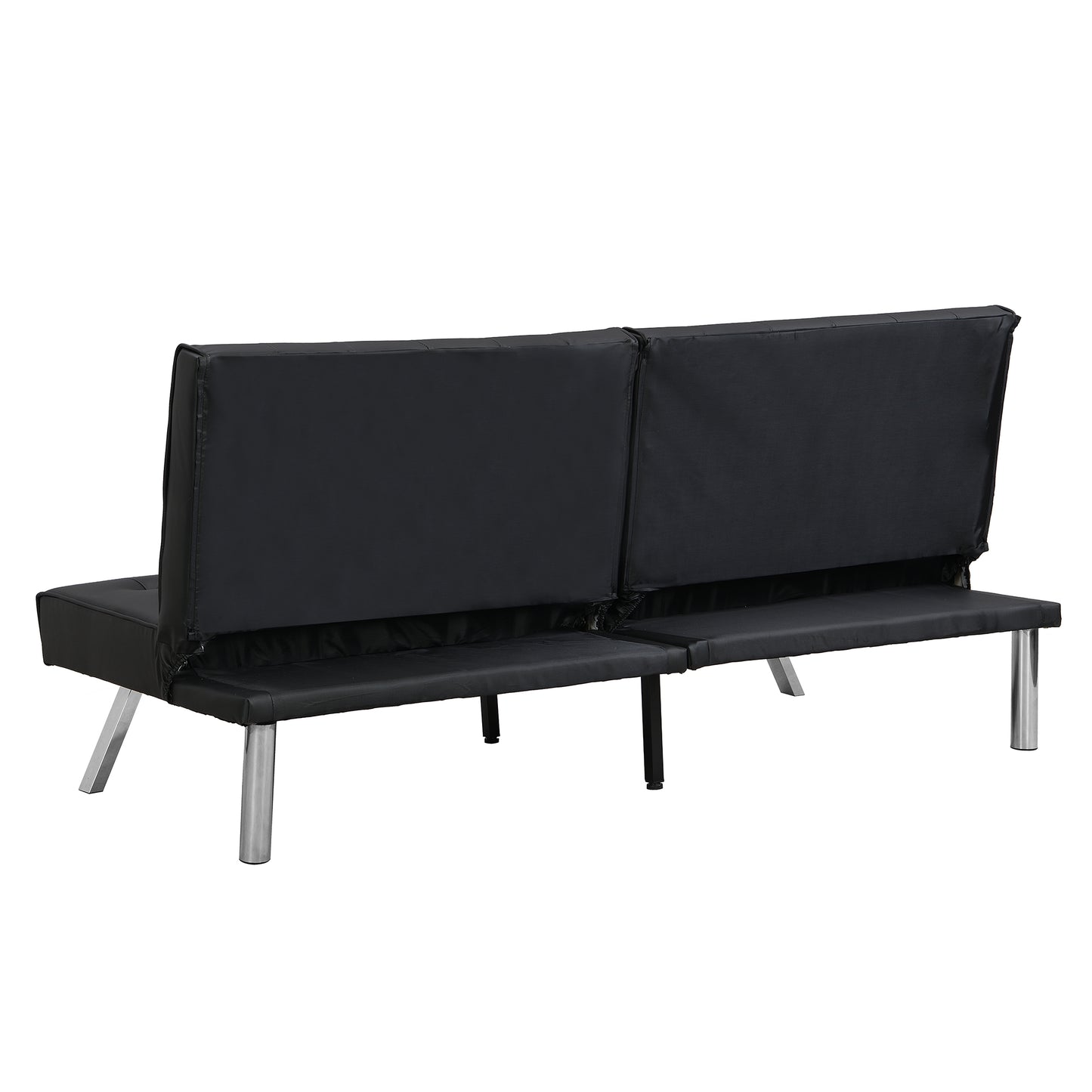 Back view of a black futon sofa with silver metal legs showcasing its upholstered seat and backrests