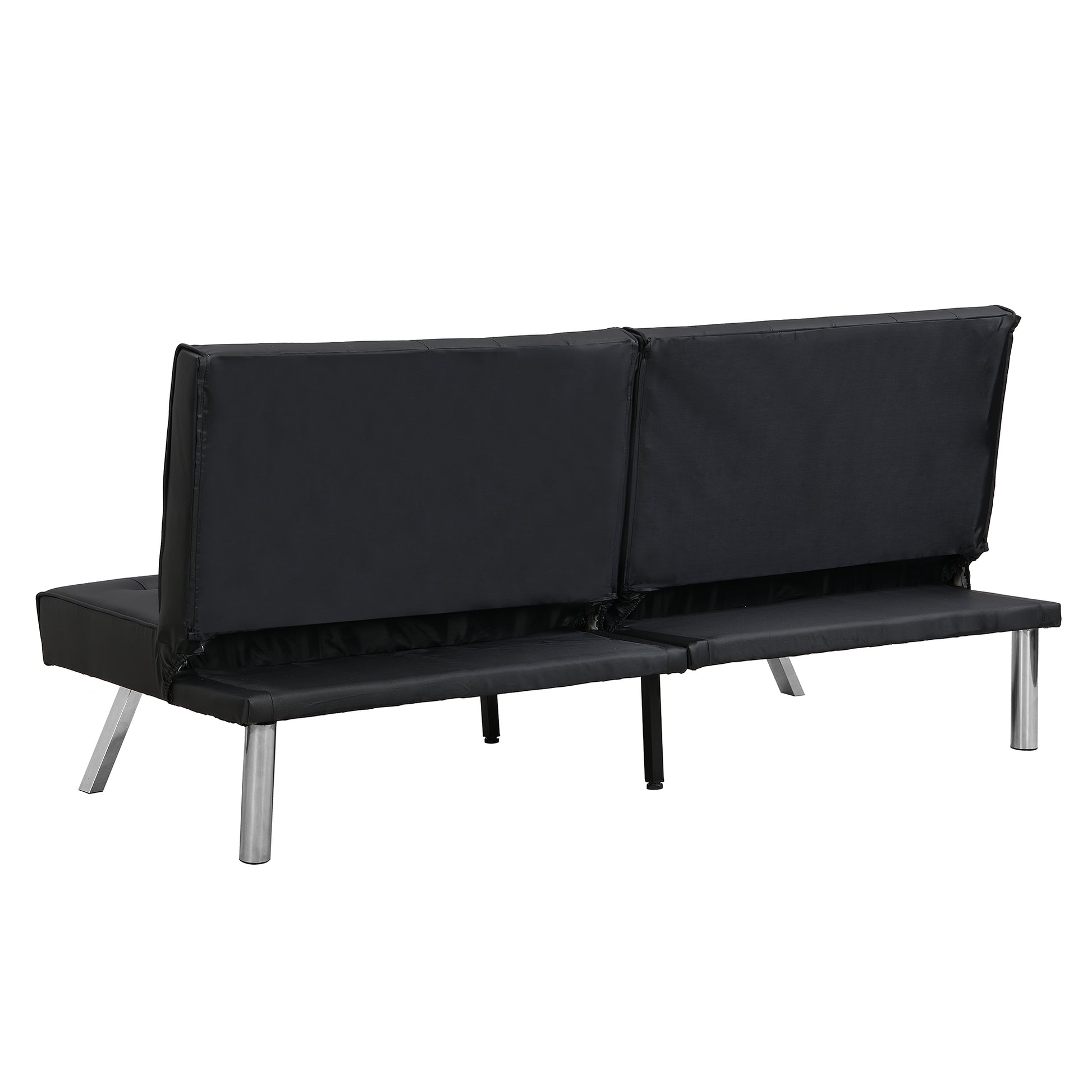 Back view of a black futon sofa with silver metal legs showcasing its upholstered seat and backrests