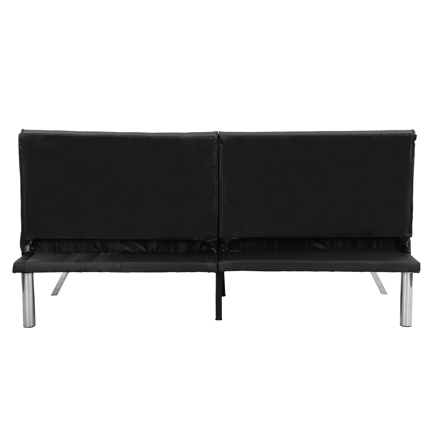 Black leather futon sofa with sleek silver metal legs ideal for small apartments