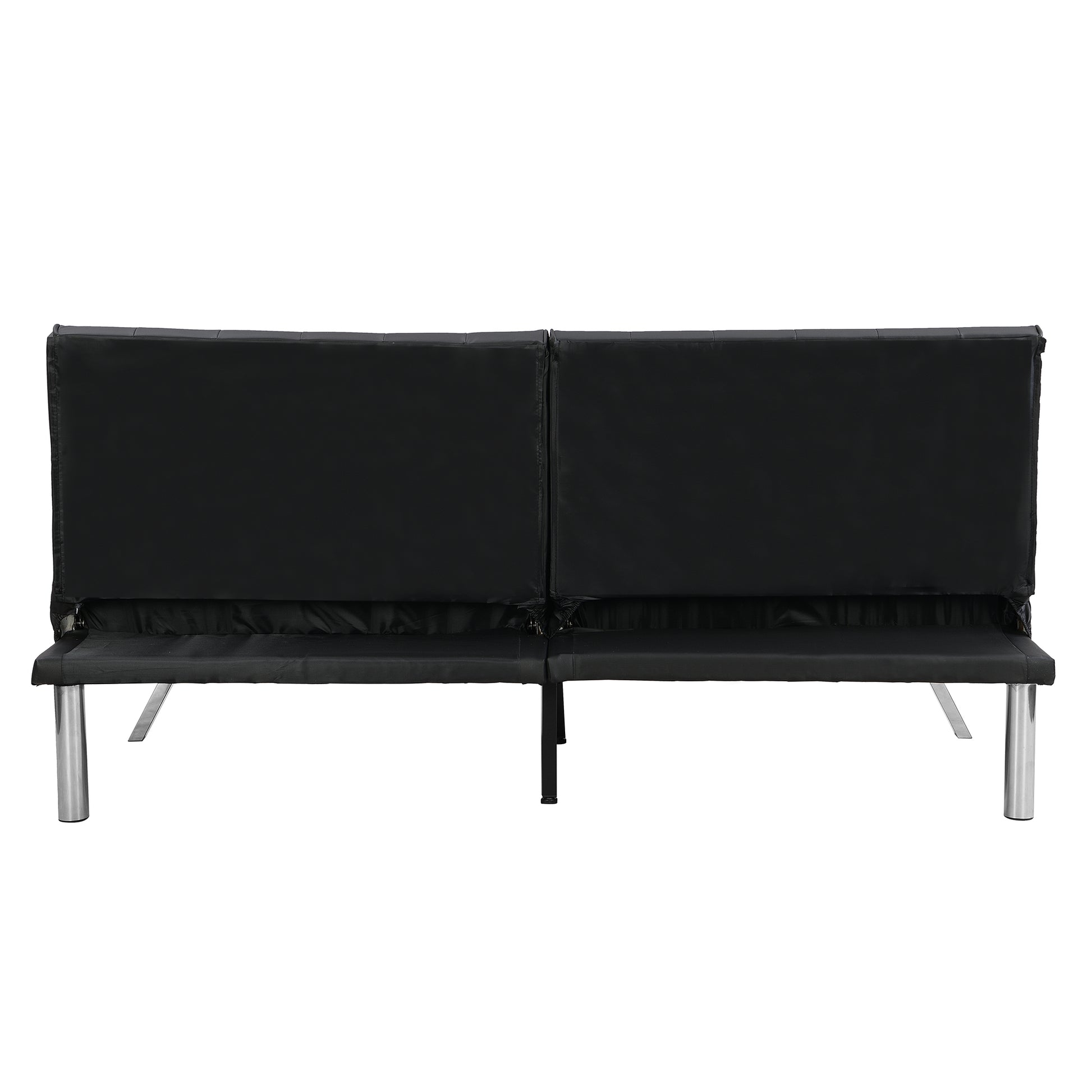 Black leather futon sofa with sleek silver metal legs ideal for small apartments