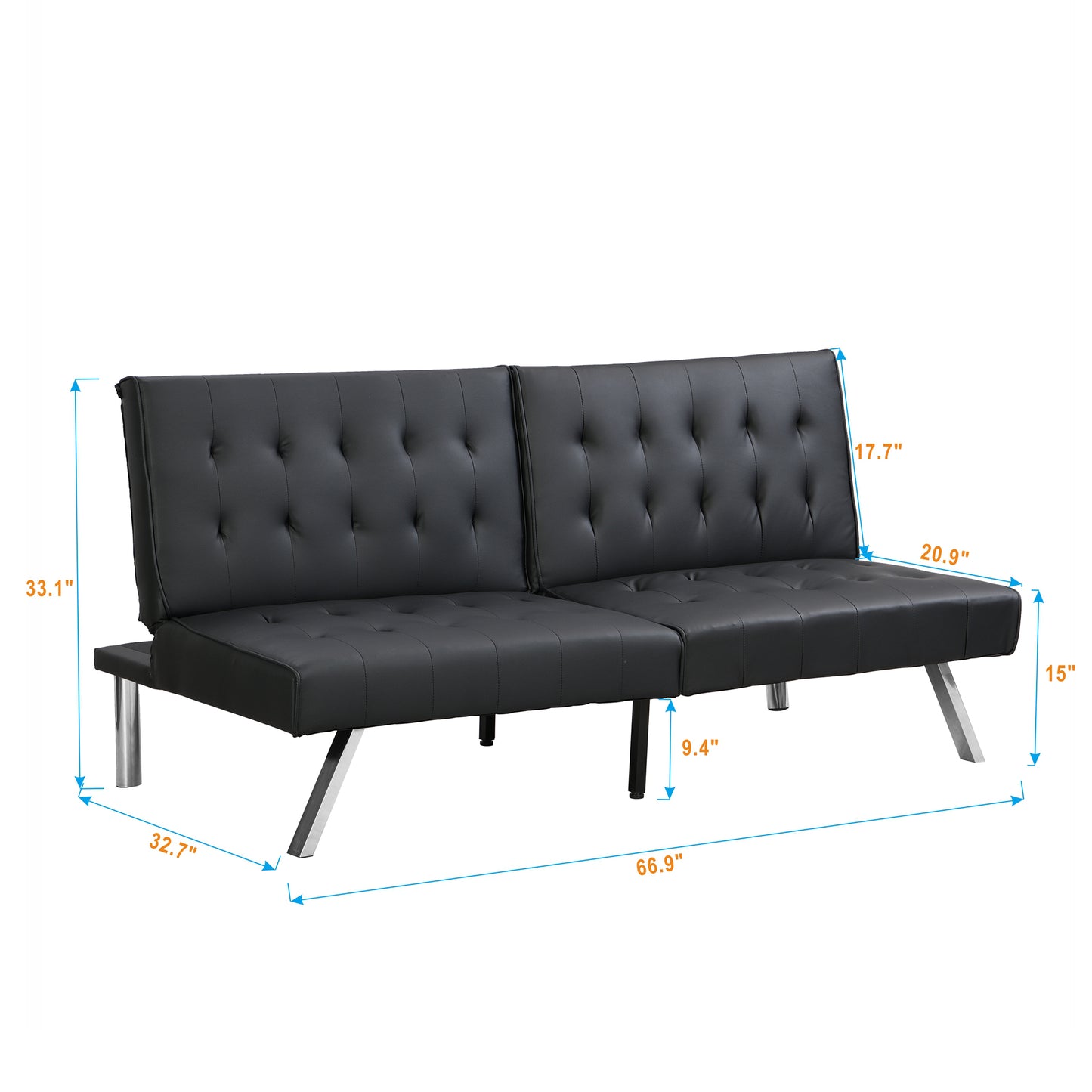 Black faux leather convertible futon sofa with tufted cushions and silver metal legs