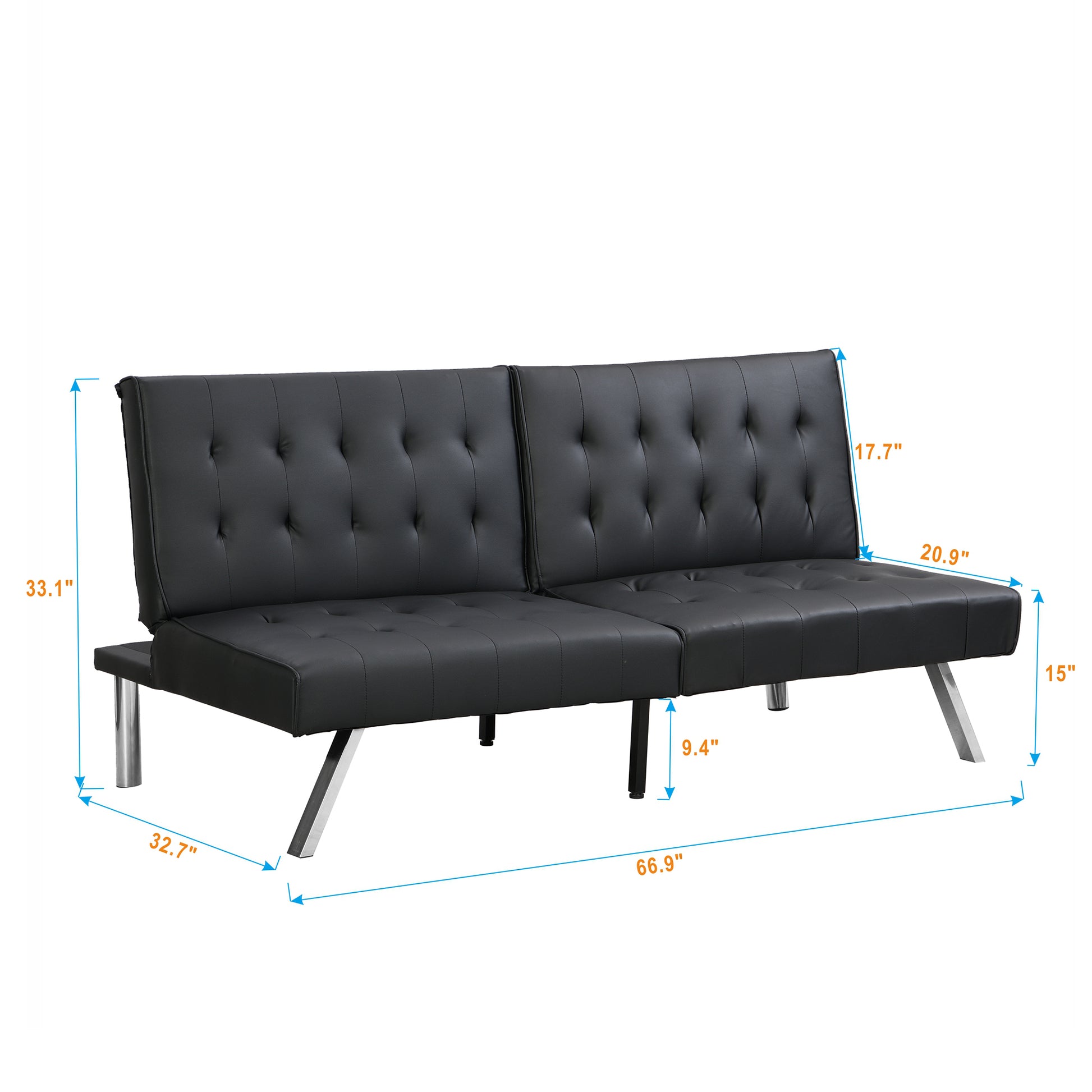 Black faux leather convertible futon sofa with tufted cushions and silver metal legs