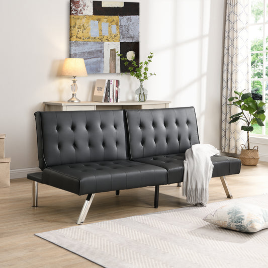 Black faux leather tufted futon sofa with chrome legs perfect for small spaces