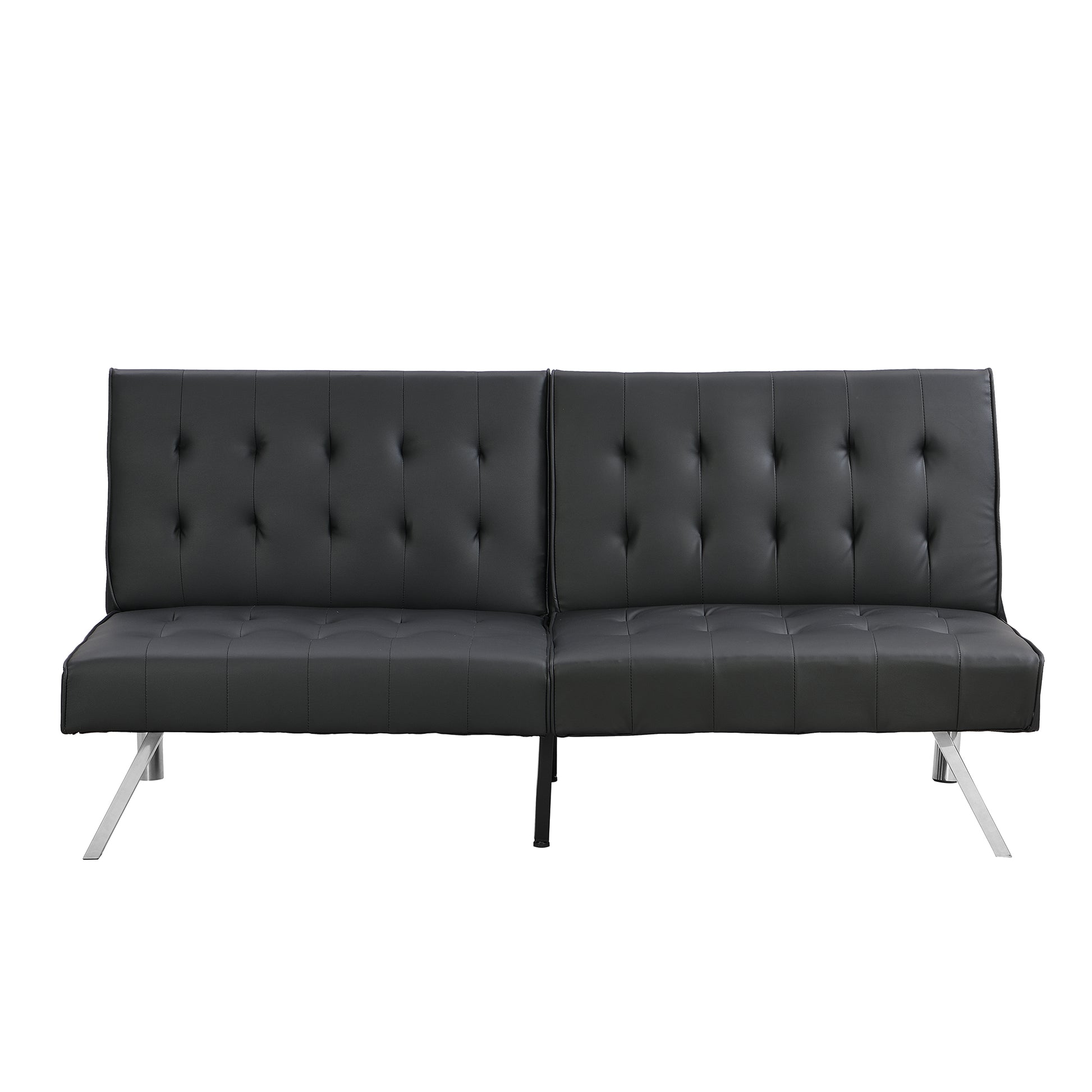 Tufted black faux leather sofa with modern chrome legs and a minimalist design