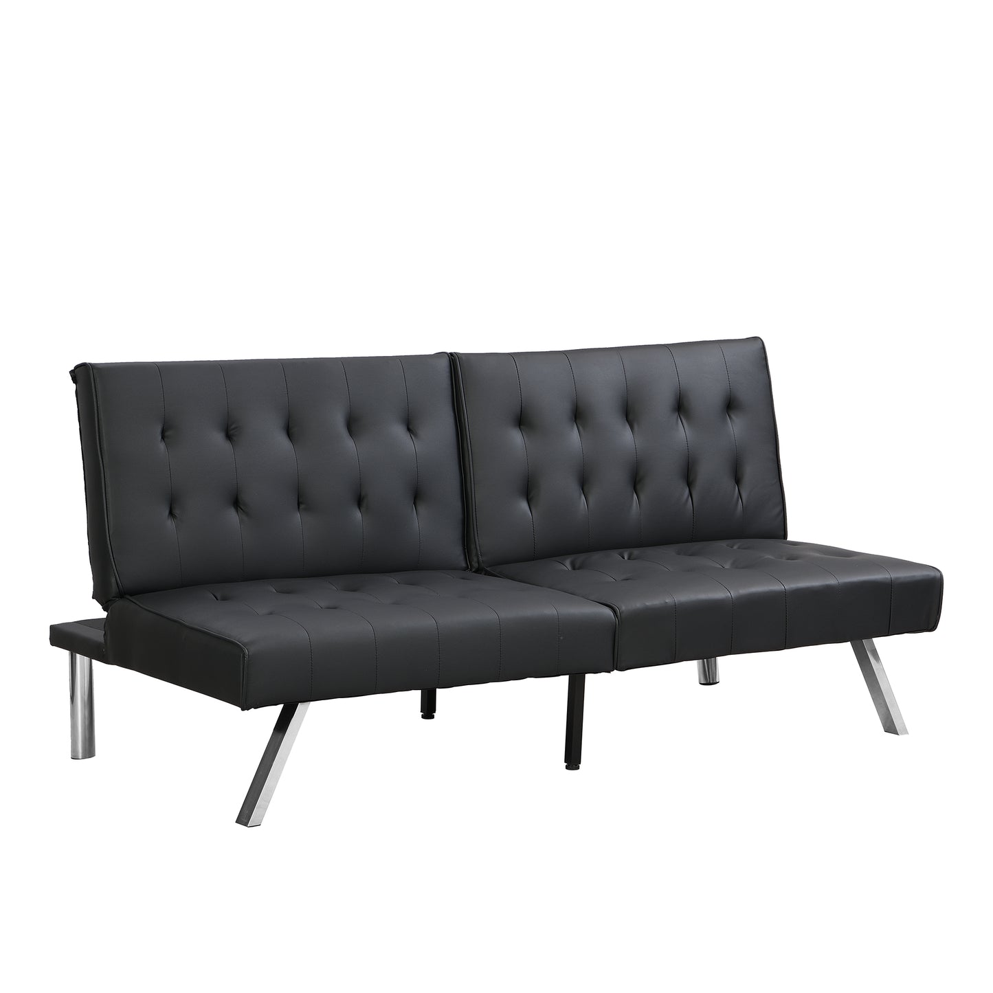Black faux leather futon sofa with tufted cushions and silver legs