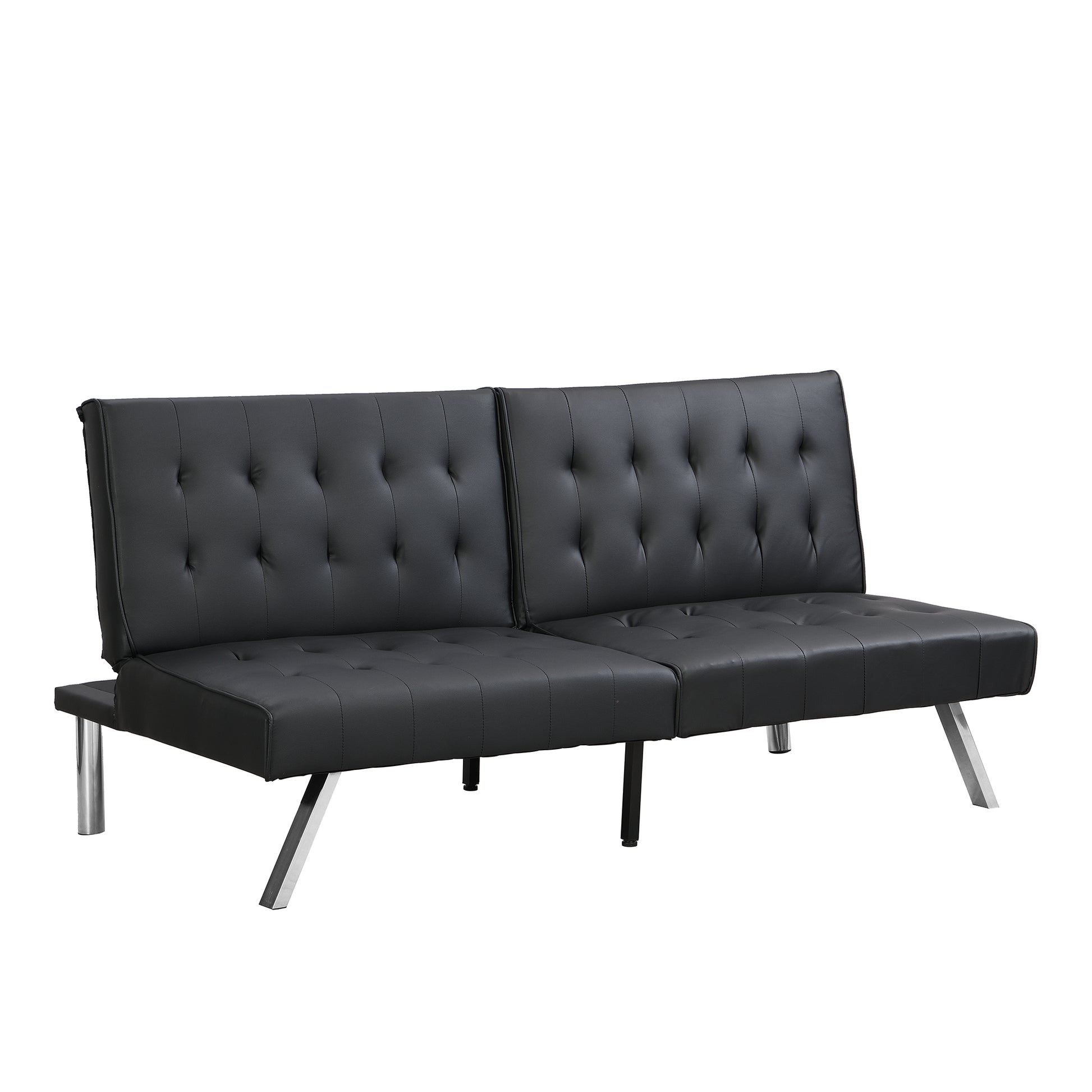 Black faux leather futon sofa with tufted cushions and silver legs