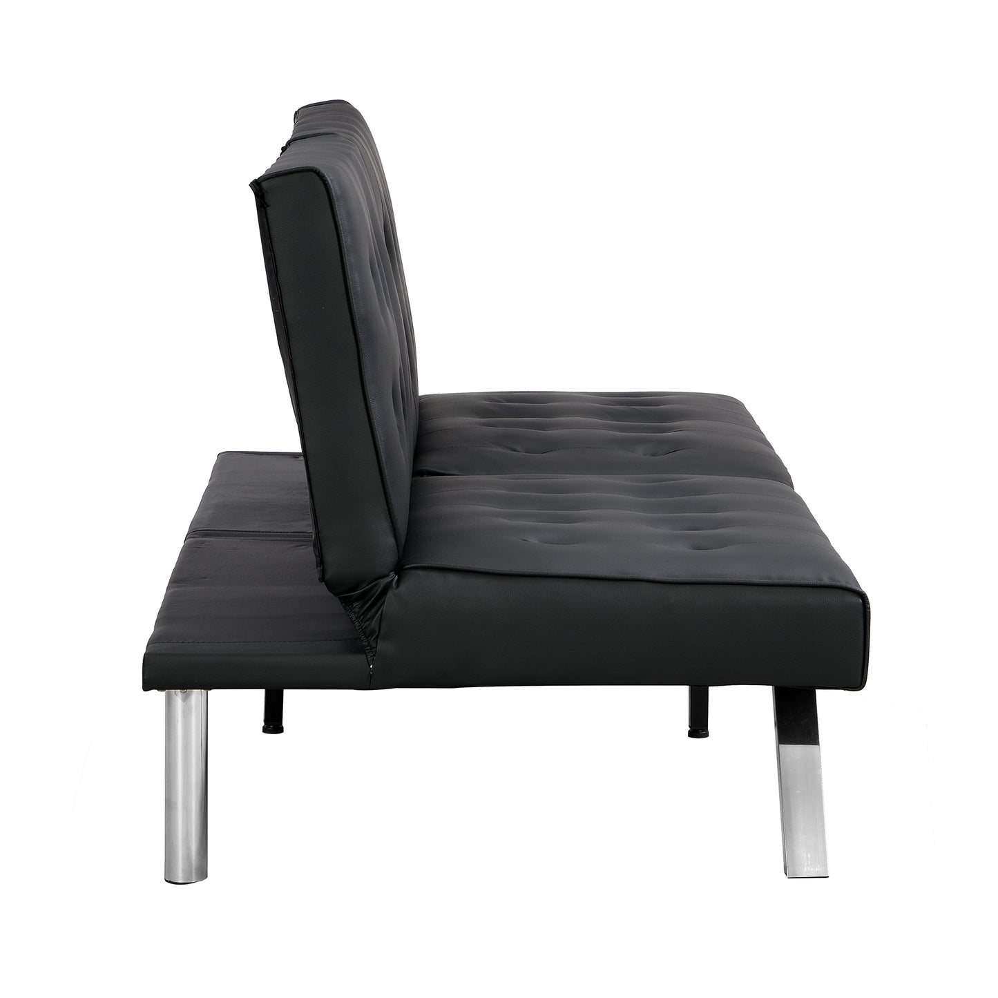 Black faux leather futon sofa with tufted cushions and chrome legs side view