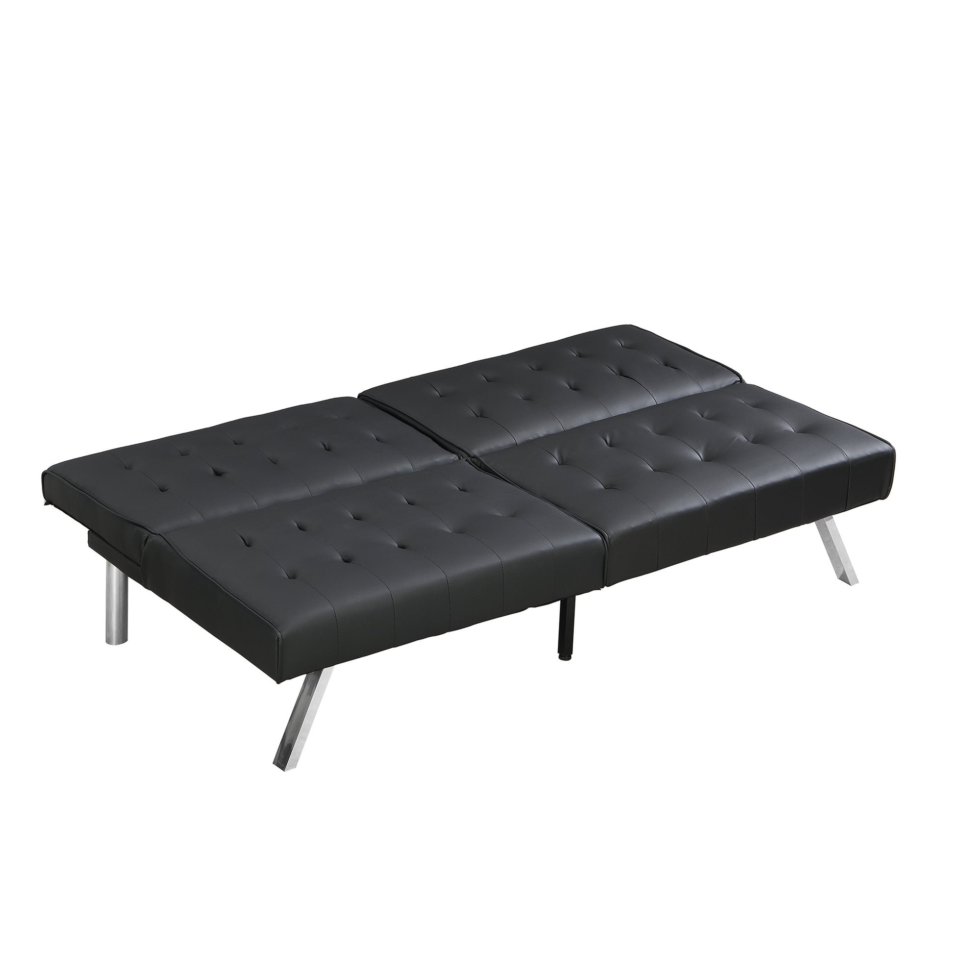 Black faux leather convertible sofa bed with tufted cushions and metal legs