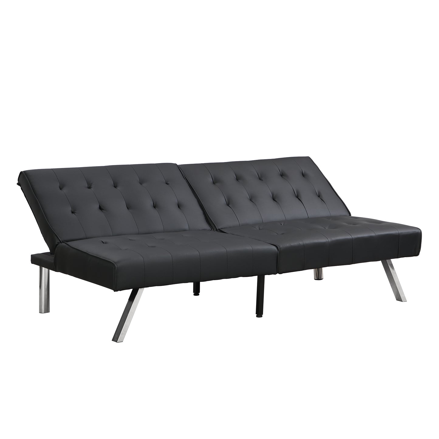 Tufted black faux leather futon with silver legs seater sofa bed
