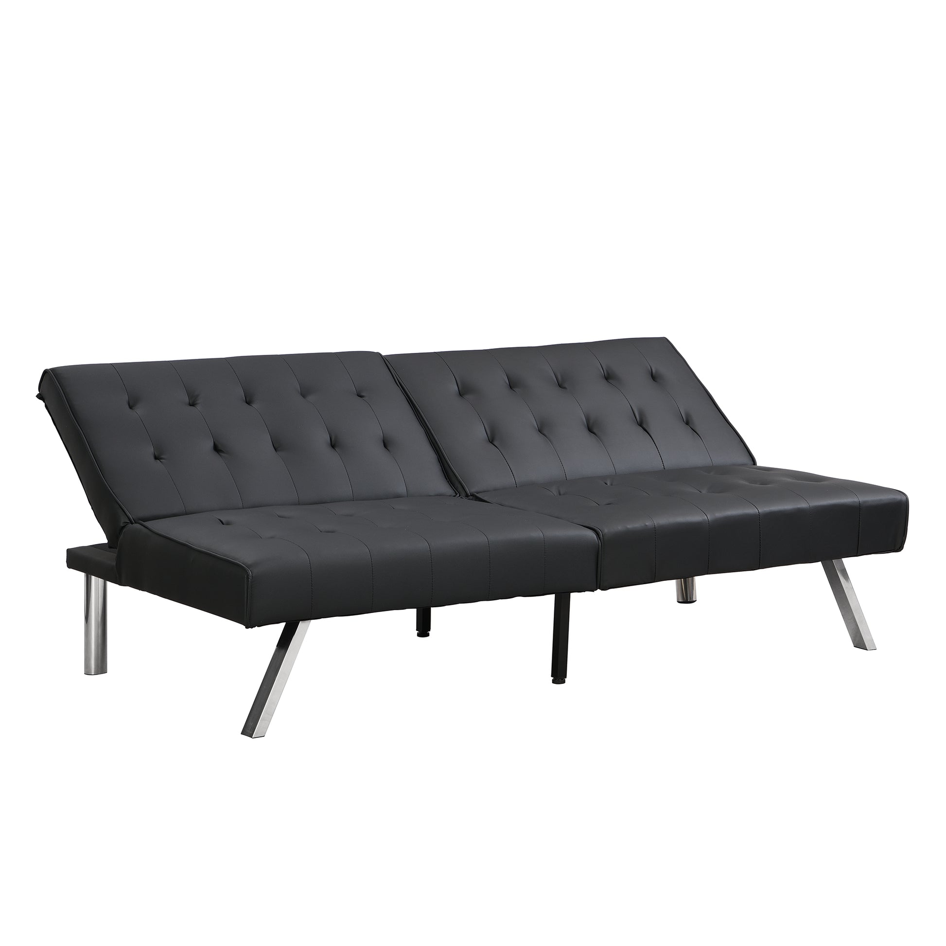 Tufted black faux leather futon with silver legs seater sofa bed