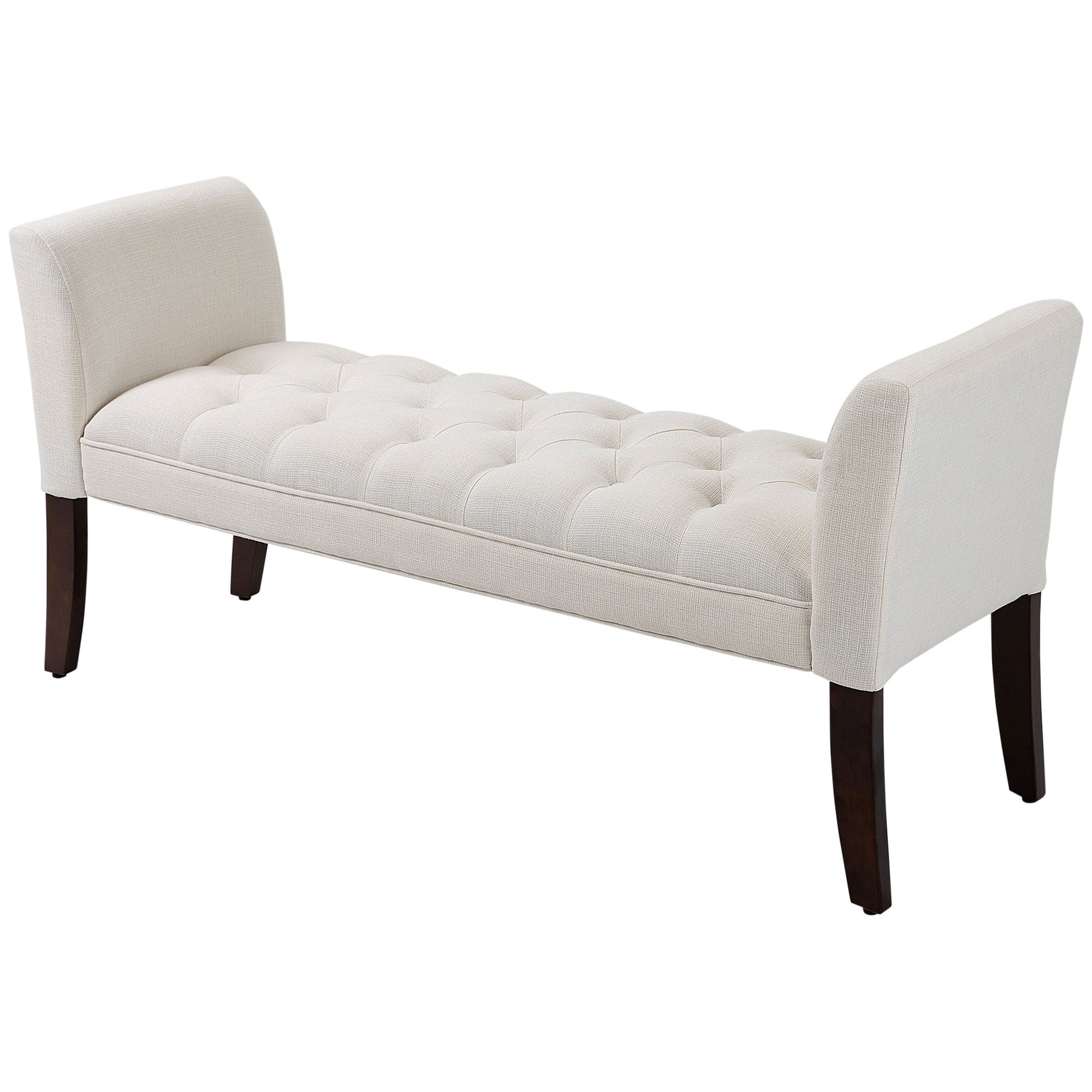 Tufted cream fabric bench with dark wooden legs