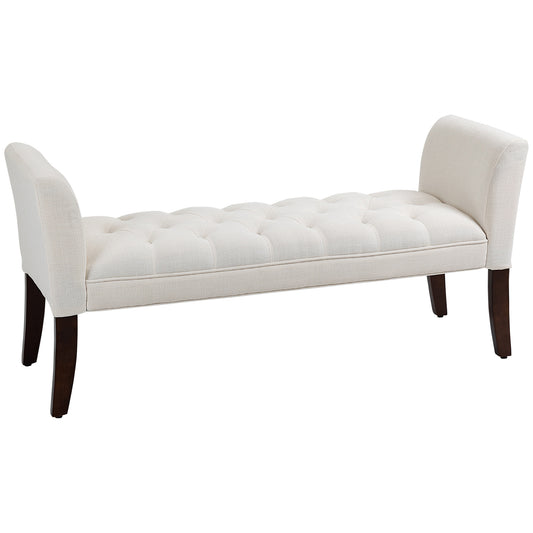 Tufted cream upholstered bench with curved arms and dark wood legs