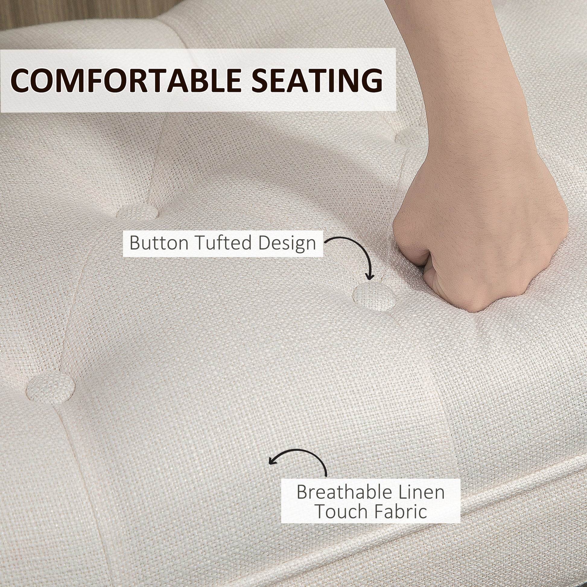 Beige upholstered ottoman featuring button tufted design and breathable linen fabric