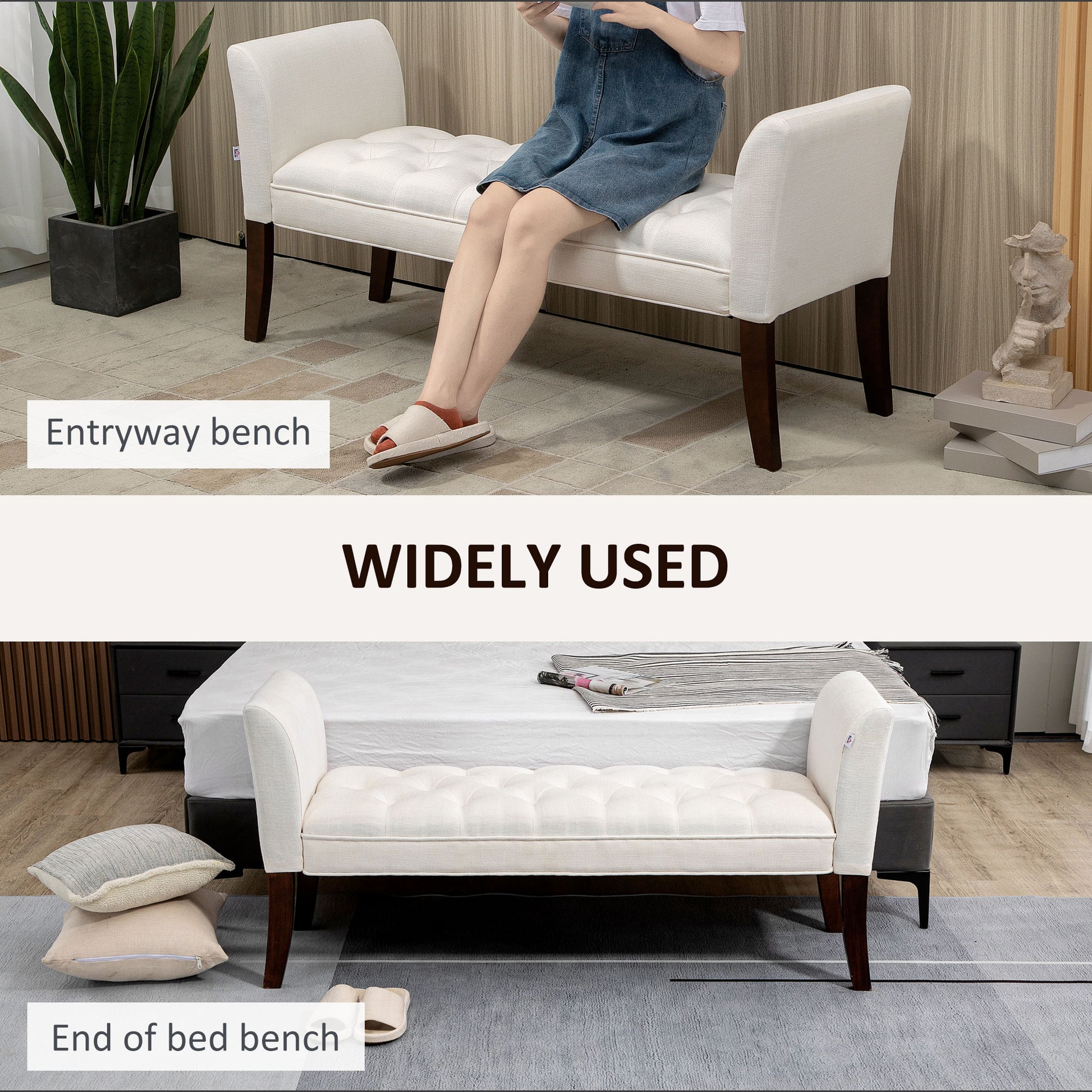 Tufted white entryway bench with dark wood legs
