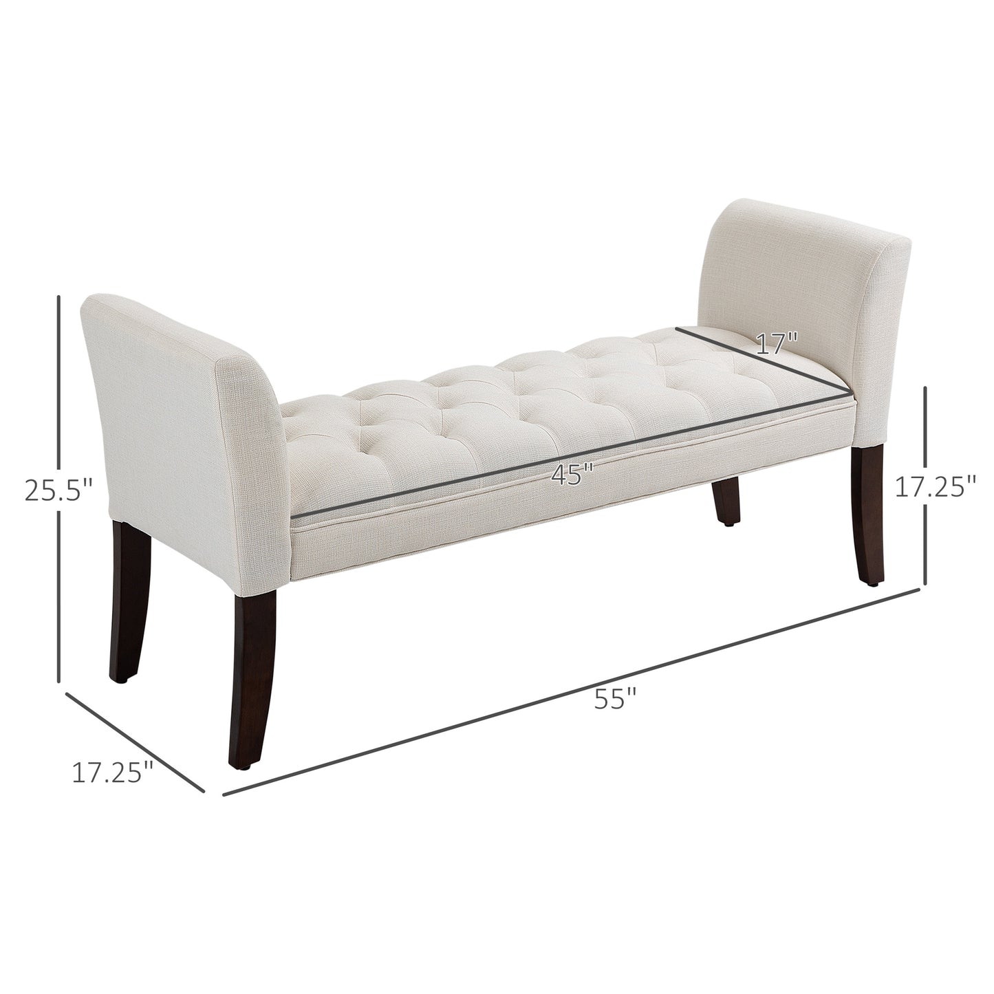 Tufted ivory linen storage bench with dark wood legs and rolled arms
